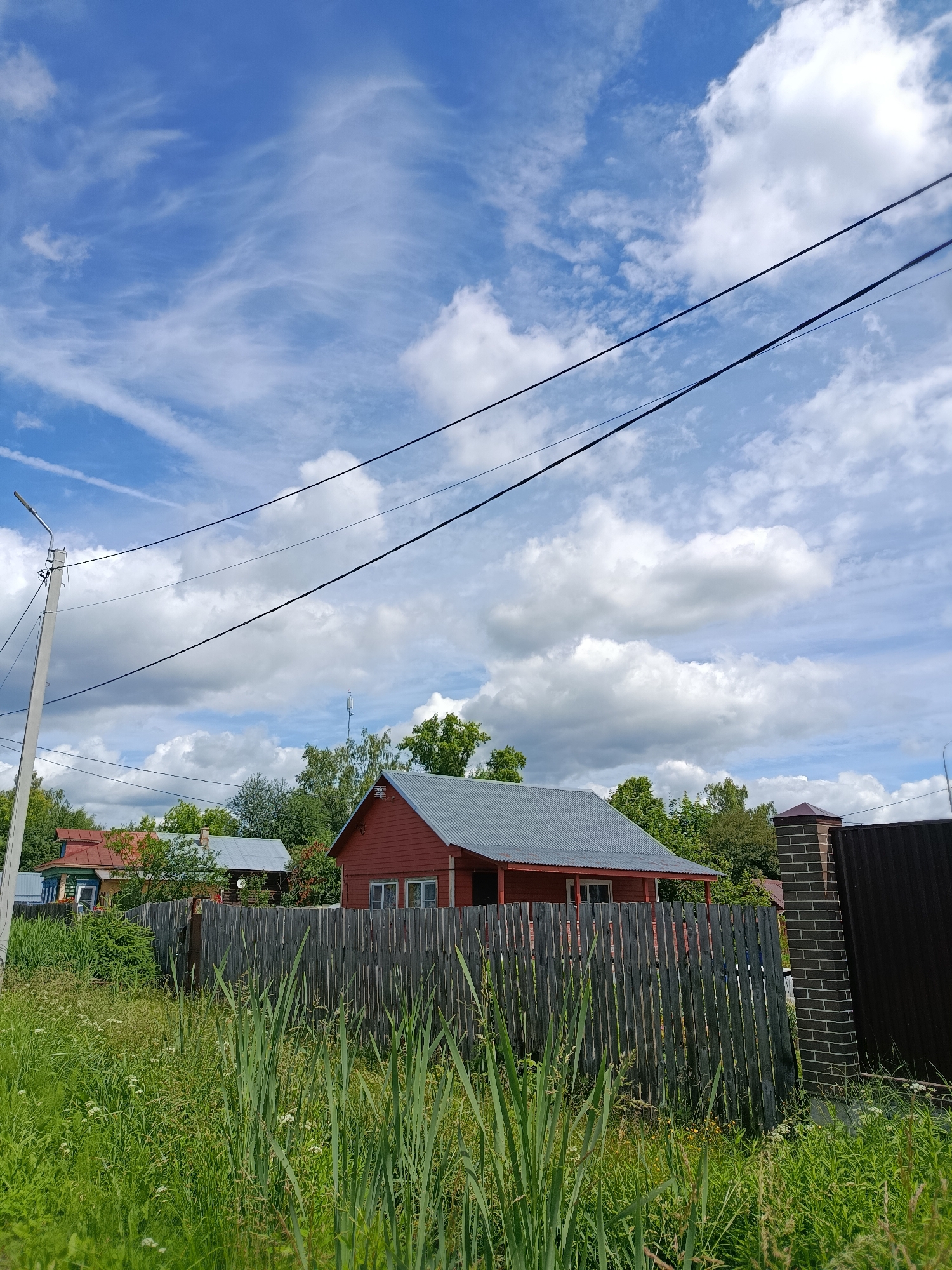 The image shows a rural scene on a cloudy day. In the foreground, tall green grass and reeds grow in front of a weathered wooden fence. Behind the fence, a red wooden house with a gray metal roof is visible, along with other houses and trees. Power lines are strung across the sky, and a lamppost stands on the left side of the frame. A brick and metal fence section is on the right. The sky is a bright blue with scattered white clouds.