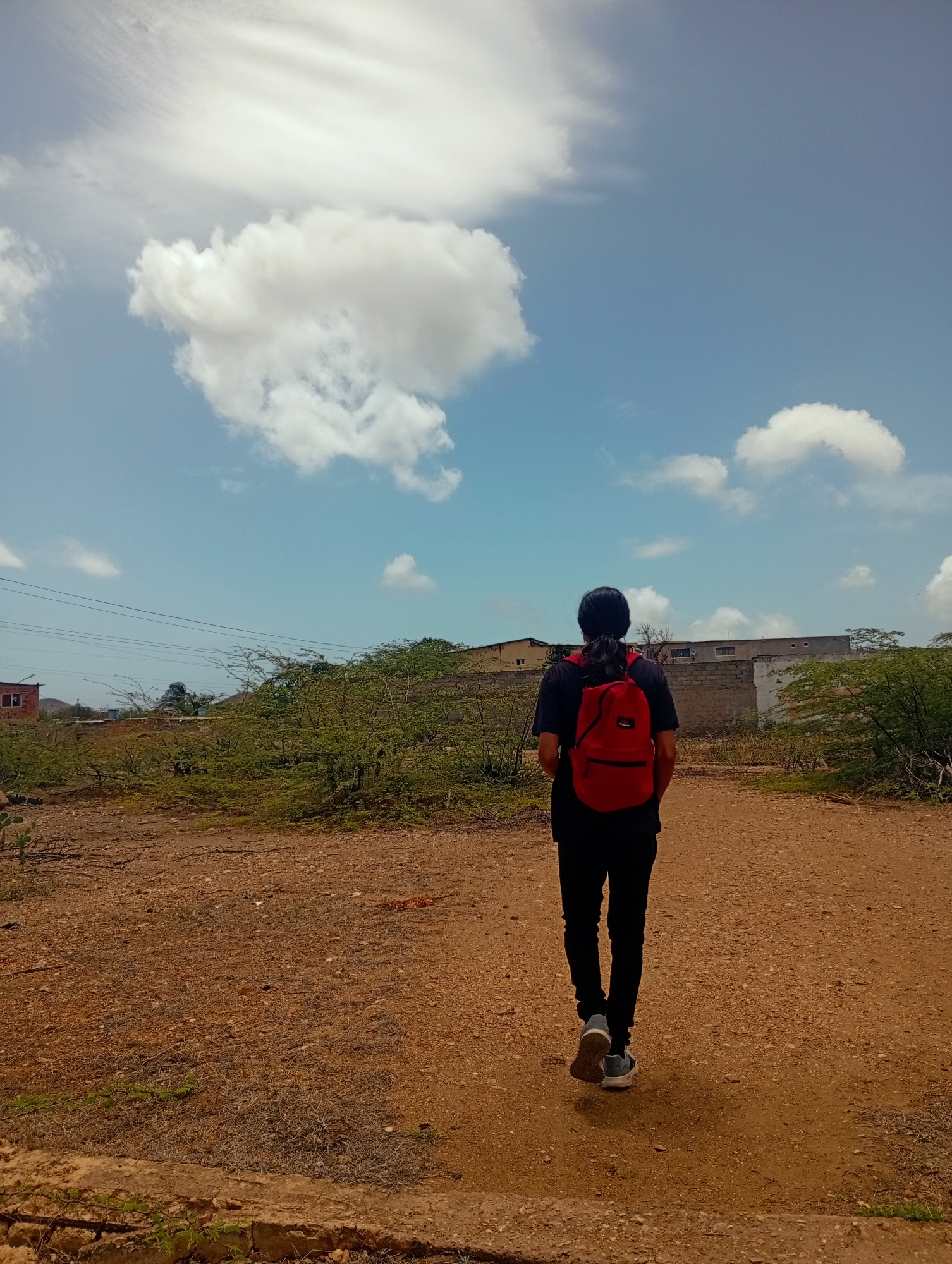 A person with dark hair pulled into a ponytail is walking away from the camera on a dusty, unpaved path in a rural or semi-arid environment. They are wearing a black t-shirt, black pants, and athletic shoes. A bright red backpack is worn on their back. The path is bordered by dry, reddish-brown earth with sparse vegetation. In the middle ground, there is a line of green, scrubby bushes and trees, beyond which are several low-rise buildings with a brick wall visible. The sky is a bright blue with scattered, fluffy white clouds. The scene appears to be outdoors during the daytime. The overall impression is one of a person walking through a somewhat undeveloped area.