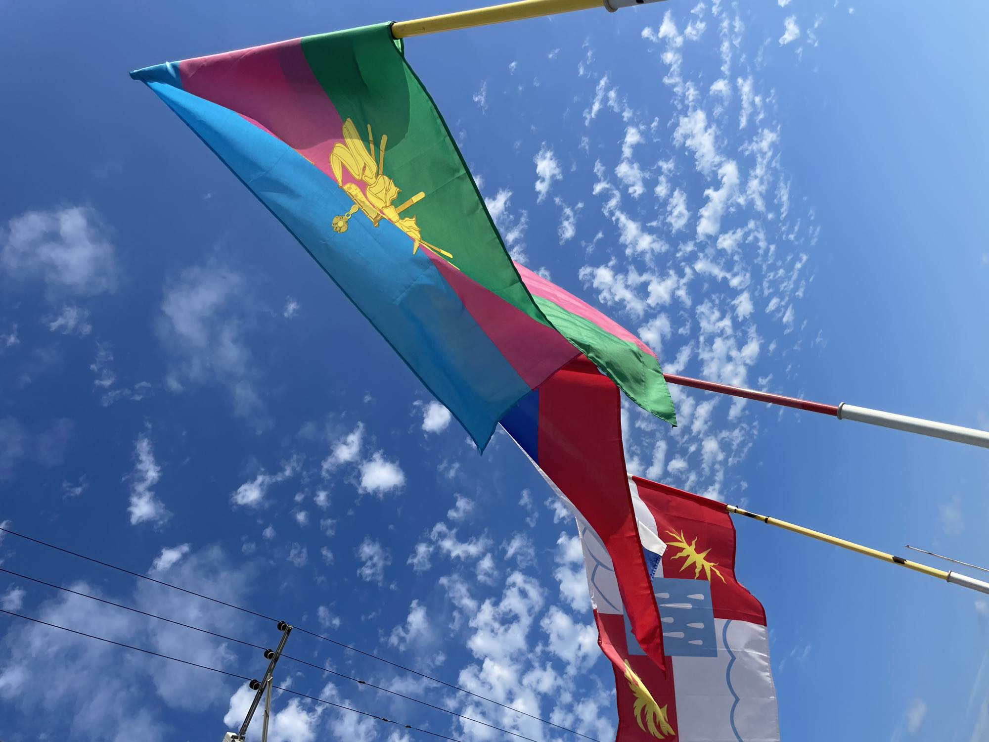 In an outdoor shot, several flags are seen fluttering against a bright blue sky dotted with scattered white clouds. The flags are mounted on poles, which are partially visible. The primary flag in the foreground is a tricolor with stripes of green, pink, and blue. A prominent yellow symbol, resembling a crest or emblem with what looks like a sword and a helmet, is emblazoned on the green stripe.
Below this, another flag is visible, predominantly red with a yellow starburst design on the upper left portion. The lower part of this flag is white with blue wavy lines, suggesting water or a landscape. Further down, another red flag is partially visible, with a golden feather-like design.
The scene appears to be set during the daytime, indicated by the bright sunlight and the clear blue sky. The weather seems pleasant, with a light breeze causing the flags to ripple. In the background, power lines and utility poles are visible, suggesting an urban or semi-urban setting. The overall impression is one of festivity or commemoration, given the display of multiple flags. There is no visible text in the image. The location context is Sochi, Russia.