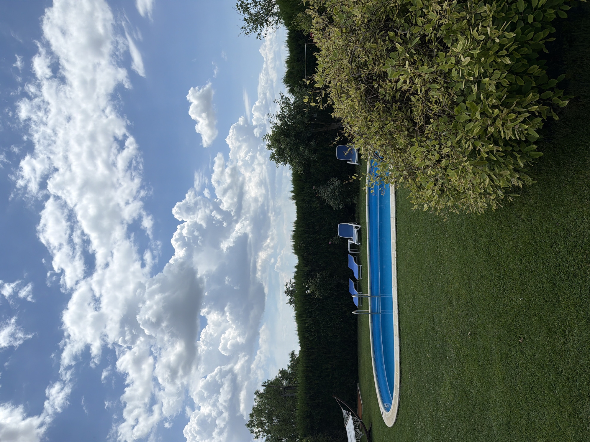 The image shows a swimming pool in a backyard. The pool is blue and rectangular, with a white border. It is surrounded by green grass. There are two lounge chairs by the pool, and a hammock in the background. In the distance, there is a tall hedge. The sky is blue with white clouds. The image appears to be taken on a sunny day. The overall scene suggests a relaxing summer day. There is no visible text in the image.
