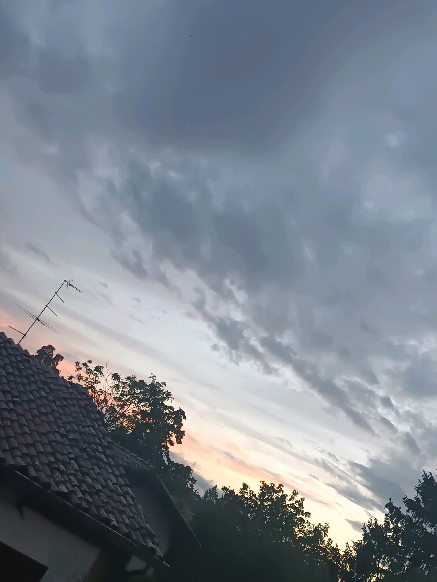 The image captures a twilight sky over Viadana, Italy. In the foreground, the tiled roof of a building is visible, with an old television antenna extending upwards. Silhouetted trees partially obscure the horizon, where a soft orange and pink glow emanates from the setting sun, contrasting with the darkening grey clouds above. The overall atmosphere is serene and captures the end of the day.