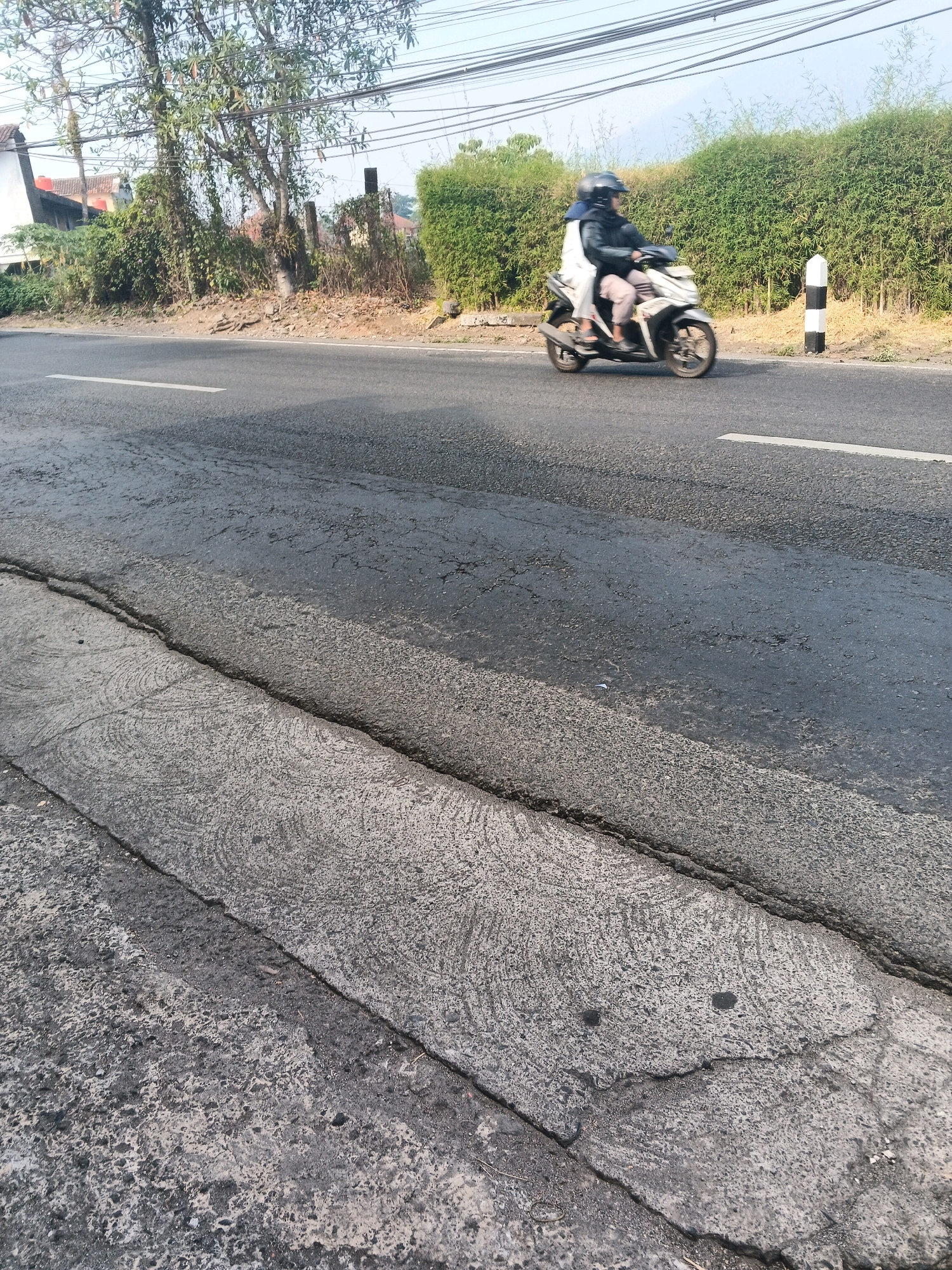 Two individuals, wearing helmets, are riding a white scooter on a paved road. The scooter is in motion, heading towards the right side of the image. The road shows signs of damage, with visible cracks and uneven surfaces. On the right side of the road, a black and white striped pole stands next to a dense green hedge. Behind the hedge, there is a landscape with trees and some buildings visible in the distance, suggesting an urban or suburban setting. The sky above is clear and bright. The overall scene captures a moment of everyday transportation in what appears to be a moderately developed area in Ungaran, Indonesia, indicated by the characteristic tropical vegetation and building styles.