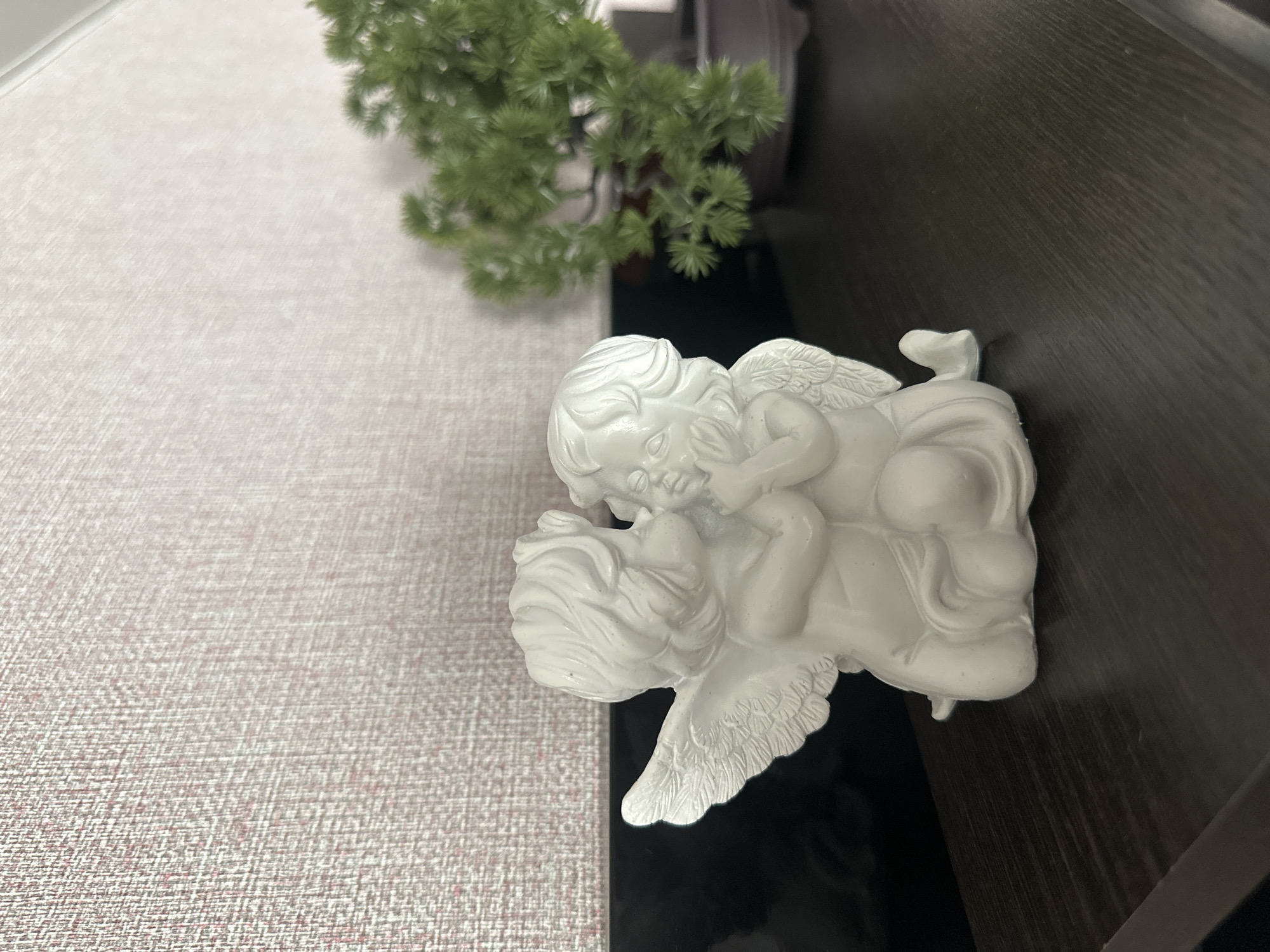 The image presents an indoor scene featuring a white decorative figurine, an artificial plant, and two distinct surfaces. The central subject is a white figurine depicting two cherubs or putti. One cherub lies on its back, while the other leans over it, seemingly in a tender embrace or kiss, with both figures featuring small, detailed wings. The figurine has a smooth, matte finish.
Behind and to the upper left of the figurine, a small, out-of-focus artificial plant with green, spiky foliage is visible, resembling a miniature pine or spruce. The items are arranged on a surface divided into two parts. To the left, there is a light-colored, textured surface, possibly a placemat or tablecloth, characterized by a finely woven pattern with subtle reddish-pink threads integrated into an off-white or light gray background. To the right and beneath the figurine, a dark, smooth surface, likely wood or laminate, extends across the background.
The lighting is soft and ambient, suggesting an indoor setting without direct harsh light. No specific activity is taking place beyond the static arrangement of decorative items. There is no visible text in the image. The scene conveys a sense of tranquility and decorative arrangement within what is described as a location in Sayanogorsk, Russia.