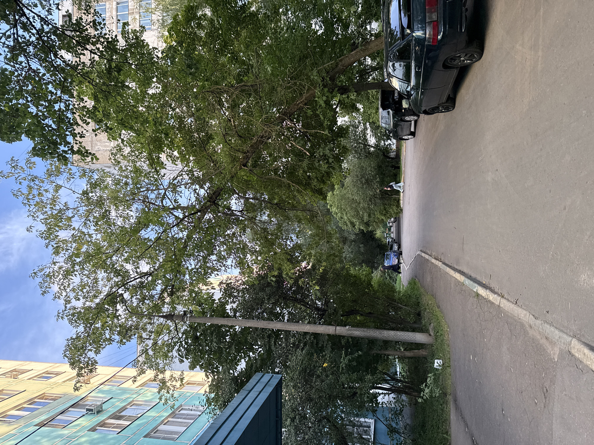 The image depicts a street scene in Khimki, Russia, with residential buildings and trees lining the roadway. On the left, a multi-story building with a light yellow and turquoise facade is visible, featuring numerous windows and air conditioning units. Adjacent to this building is a dark blue awning. A concrete utility pole stands in front of the building. The road, paved with asphalt, curves to the right and recedes into the distance. Several cars are parked or driving on the road: a dark green hatchback is in the foreground on the right, a dark SUV is parked behind it, and further down the road, a blue sedan is visible. A person is walking on the sidewalk to the left of the blue sedan. Lush green trees with dense foliage are prominent throughout the scene, casting shadows on the road and sidewalk. The sky is partly cloudy with a clear blue expanse. The environment appears to be a typical urban residential area.