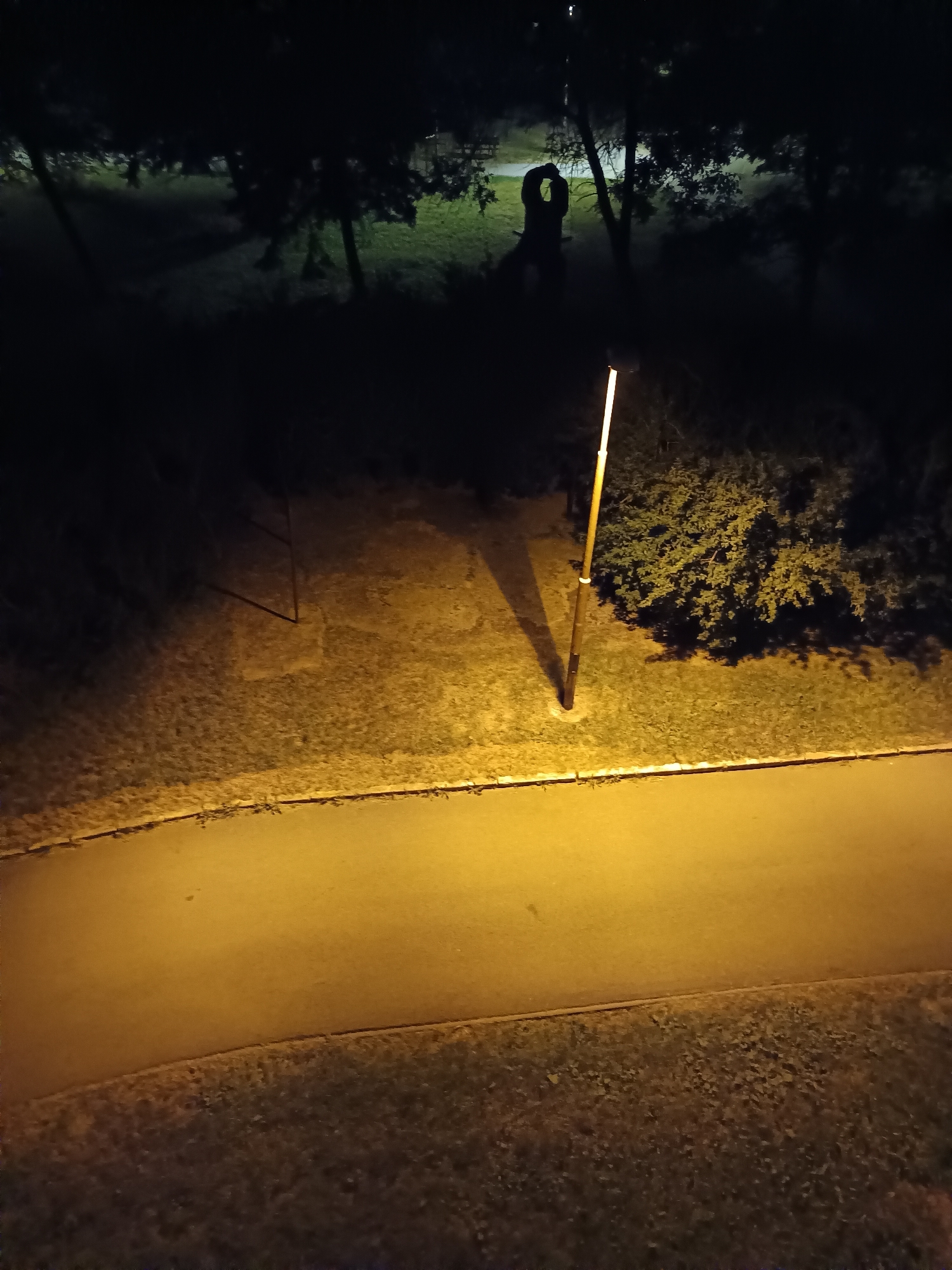 A street lamp illuminates a paved pathway and adjacent grassy area at night. In the background, silhouetted trees are visible, with a dark, abstract sculpture situated amongst them. The scene appears to be an outdoor public space, possibly a park or a path in the city of Košice, Slovakia.