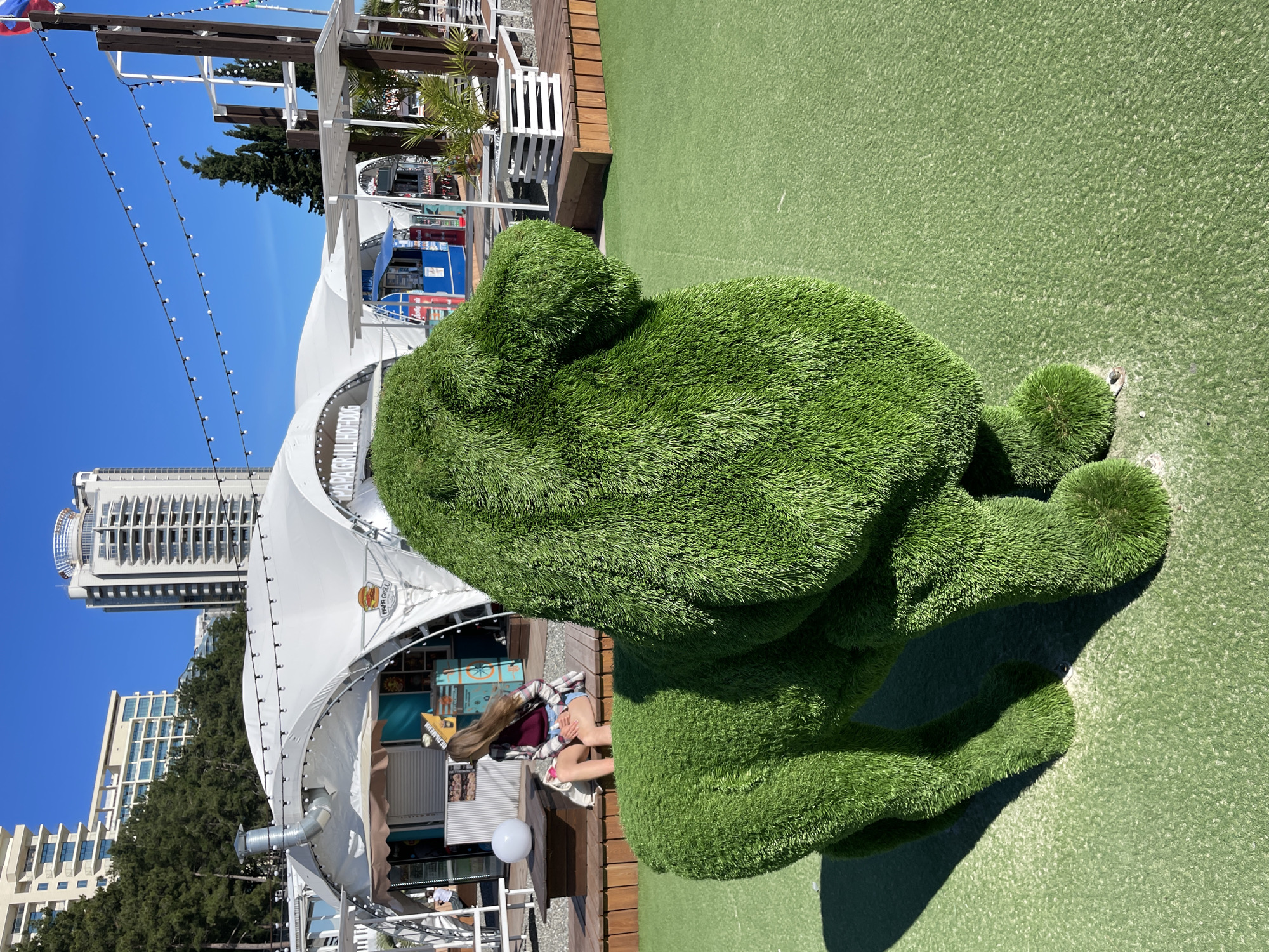 The image displays an outdoor scene featuring a large, vibrant green, grass-covered topiary sculpture, resembling a sitting animal such as a bear or dog. The sculpture rests on a patch of artificial green turf. To the left of the sculpture, a young woman with long, brown hair, dressed in a plaid shirt and shorts, is seated on a wooden bench or platform, facing away from the viewer.
The background reveals a bustling urban environment under a clear, bright blue sky. Several large, white tent-like structures, possibly housing eateries or shops, dominate the mid-ground. One tent clearly displays the text "PAPA GRILL" and "HOT DOG" with a burger logo. Below the tents, smaller blue kiosks or stalls are visible. In the distance, modern high-rise buildings with numerous balconies and intricate facades punctuate the skyline, interspersed with green trees. Overhead, strings of decorative lights crisscross the scene.
The ground is covered with uniform artificial turf, contrasting with the detailed texture of the sculpture. Strong shadows indicate a sunny daytime, likely mid-morning or afternoon. A white globe-shaped light fixture is visible on the wooden platform. The overall setting suggests a vibrant recreational or commercial area, consistent with a modern resort city like Sochi, Russia.
