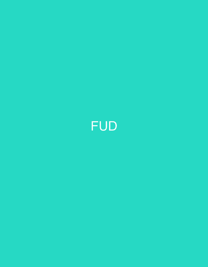 The image is a plain cyan background with the white text "FUD" centered in the middle. There are no visible elements that suggest a location in Shumen, Bulgaria, or any environmental details. The scene is devoid of people, objects, actions, or interactions.
