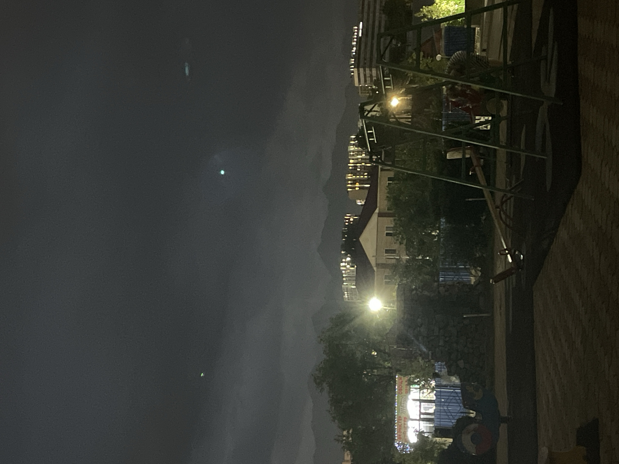 This nighttime photograph, taken in Almaty, Kazakhstan, depicts a playground scene set against a backdrop of illuminated buildings and distant mountains. In the foreground, a dark asphalt surface is visible, suggesting a public area. To the left, a playground structure resembling a stylized plane or vehicle, painted in red and blue, sits on the ground. Further back, a seesaw is positioned horizontally. The center of the image features a green metal swing set with two seats. Behind the playground, a low stone wall is visible, and beyond that, a building with illuminated windows. Trees are scattered throughout the scene, some bare and others with foliage. In the sky, several faint, circular green lights are present, their origin undetermined. The overall lighting is dim, with artificial lights from buildings and a solitary street lamp casting illumination on parts of the playground.