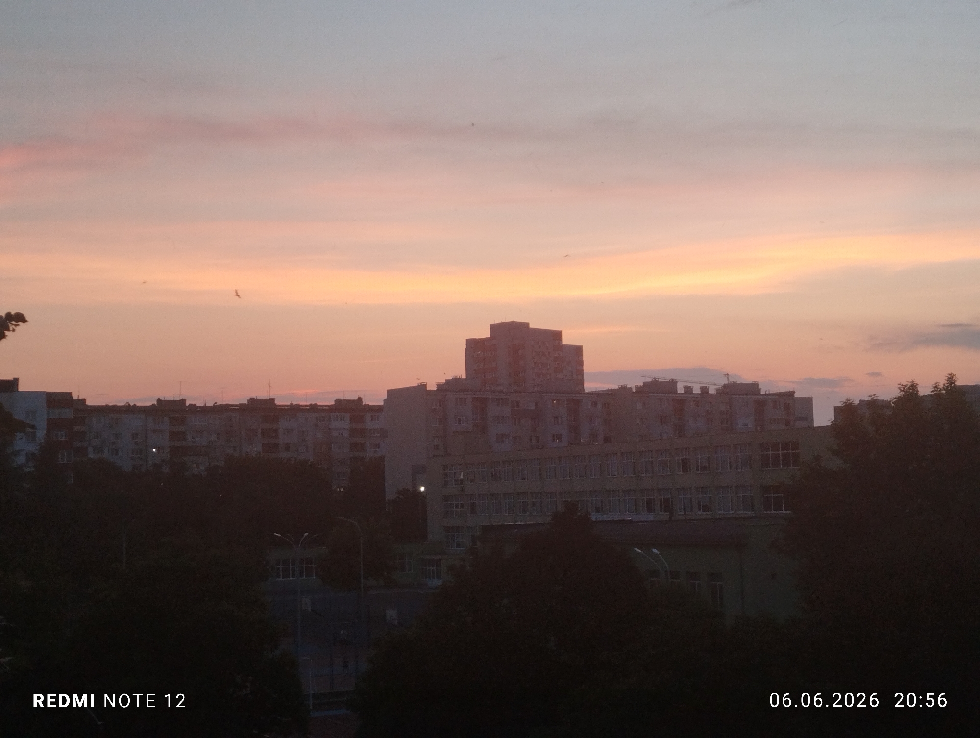 The image presents an urban cityscape at dusk in the city of Burgas, Bulgaria. The sky, occupying the upper portion, displays a gradient of light blue at the top transitioning through soft pink and peach-orange tones towards the horizon, characteristic of sunset conditions. Scattered, horizontally elongated cloud formations are present. Several small, dark avian silhouettes are visible against the illuminated sky.
The lower two-thirds of the scene features a dense arrangement of buildings and dark vegetation. In the background, numerous multi-story residential apartment blocks, exhibiting typical socialist-era architectural design, are visible as dark masses, with some rooftop details discernible. A taller, more complex building structure is prominent near the center. In the mid-ground, a lighter-colored building, possibly an institutional structure, displays multiple rows of evenly spaced rectangular windows across its faded yellow or beige facade. Other partially obscured buildings, including one with a green facade, are situated among the trees.
The foreground is dominated by the dark, silhouetted forms of dense foliage, primarily trees, which obscure the ground level and lower parts of some buildings. A single illuminated street lamp with a bright white light source is visible in the mid-left area. No human figures are discernible within the frame. Text overlays in the lower-left corner identify "REDMI NOTE 12" as the capture device, and in the lower-right, "06.06.2026 20:56" indicates the date and time of capture.