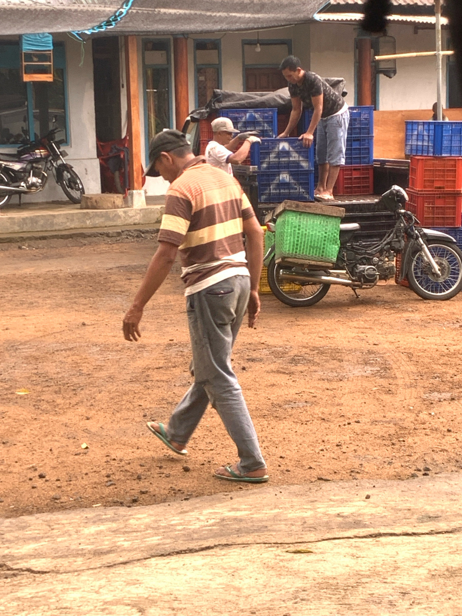 In Pronojiwo, Indonesia, on a dirt road in front of a building with a corrugated metal roof, a man wearing a striped t-shirt and grey pants walks away from the camera. He has a dark baseball cap on and is wearing flip-flops. To the right of him, a motorcycle with a green woven basket on the back is parked. Behind the motorcycle, two men are visible near a truck laden with blue and orange crates. The building appears to be a shop or storage area, with windows and doors visible. The ground is uneven and dusty.