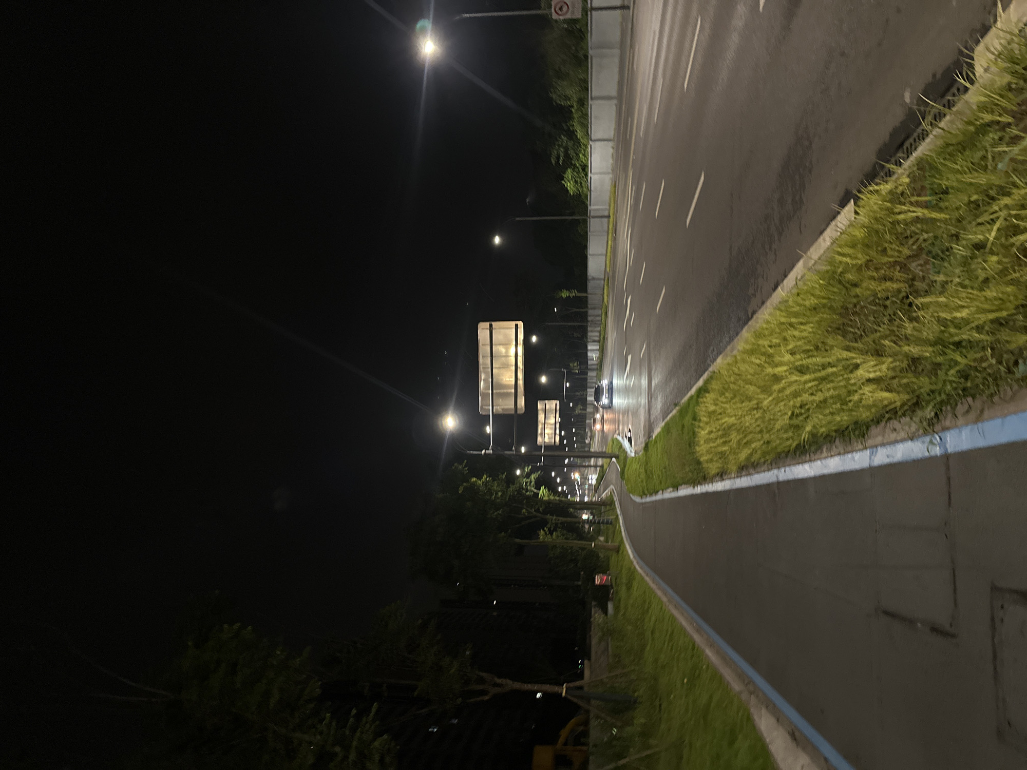 The image depicts a nighttime view of a multi-lane road in the Chongqing High-tech Zone, China. On the left side of the road, a paved pedestrian and bicycle path is visible, bordered by a blue line. Adjacent to the path is a grassy area with trees and some landscaping. The road itself is wet, indicating recent rain or damp conditions. Several cars are driving on the road, illuminated by streetlights. Large overhead signs are present, and streetlights line the side of the road. The background is dark, with the sky appearing black, and some distant lights suggesting buildings or other urban structures.
