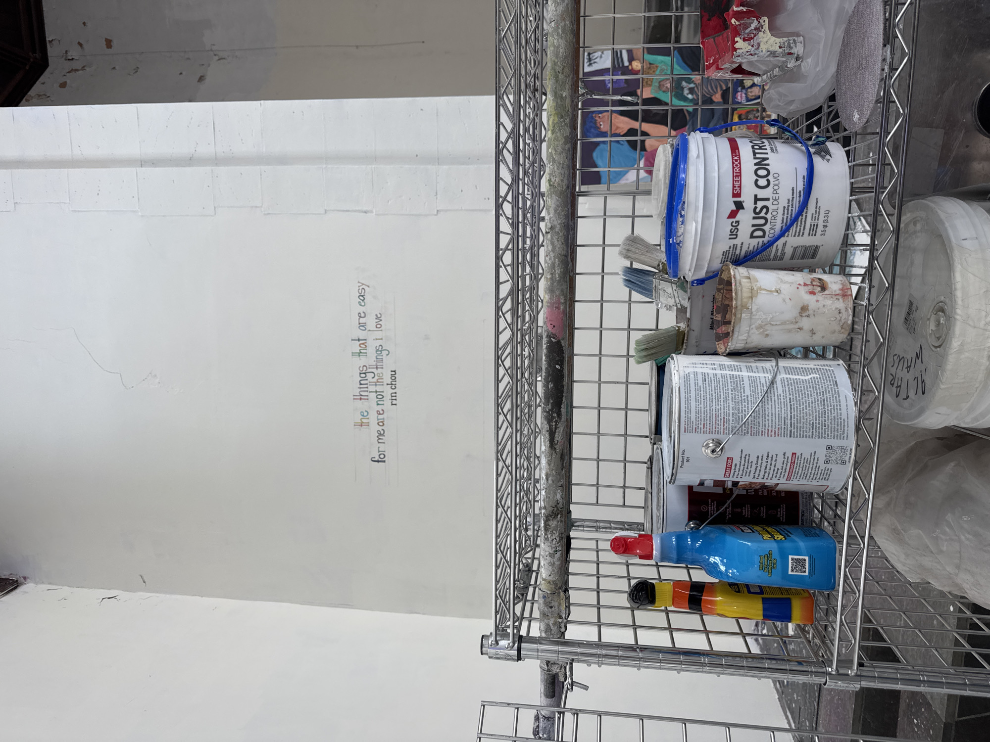 Here's a description of the image:
The image shows a cluttered scene with a focus on painting and cleaning supplies. The location appears to be indoors, potentially a storage area or workspace.
On the right side of the image is a metal shelving unit filled with various items, including:
* A white bucket labeled "USG SHEETROCK Dust Control".
* Several paint cans of different sizes.
* Paintbrushes.
* Blue spray bottle labeled "Formula 409".
* A bottle with yellow and blue stripes.
The left side of the image features a white wall with some peeling paint and an inscription that reads "the things that are easy for me are not the things I love rin chou."
It appears this photo was taken indoors, in the Town of Red Hook, United States of America.