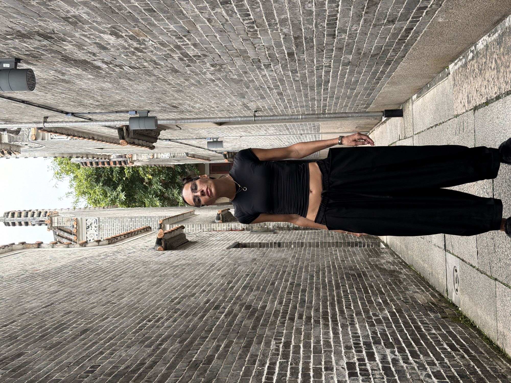 A full-shot, eye-level outdoor photograph shows a woman standing in a narrow alleyway in Chancheng District, China. The alley is paved with light-colored stone and flanked by tall, grey brick buildings. The woman is positioned in the center of the alley, facing the camera. She is wearing a black crop top and black wide-leg pants. Her hair is pulled back, and she is wearing sunglasses and a necklace. The buildings on either side of the alley feature traditional Chinese architectural elements, including tiled roofs and decorative eaves. Green foliage is visible at the top of the alley, suggesting the presence of trees. The overall scene is one of urban architecture and street photography.