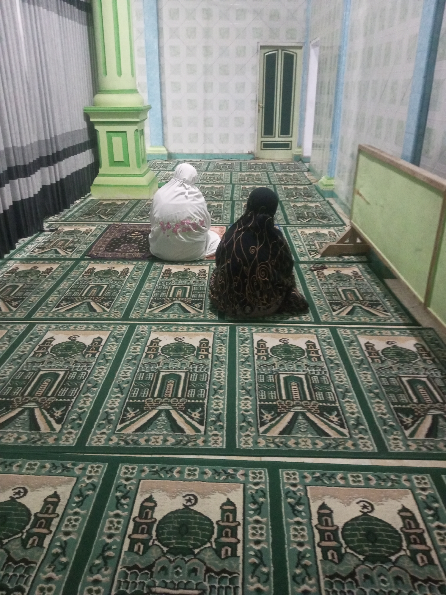 Two individuals are depicted from behind, seated on prayer rugs within a room that appears to be a mosque. The individual on the left is wearing a white hijab and a white garment, while the individual on the right is dressed in a dark, patterned hijab and garment. Both are facing away from the camera, suggesting they are engaged in prayer. The floor is covered with intricately patterned prayer rugs featuring depictions of mosques. The room has light-colored walls with a subtle tiled pattern, a light blue border along the top, and green pillars. A closed door with green panes is visible in the background. To the right, a green wooden structure is leaning against a wall. The scene suggests a moment of quiet devotion in a religious setting.