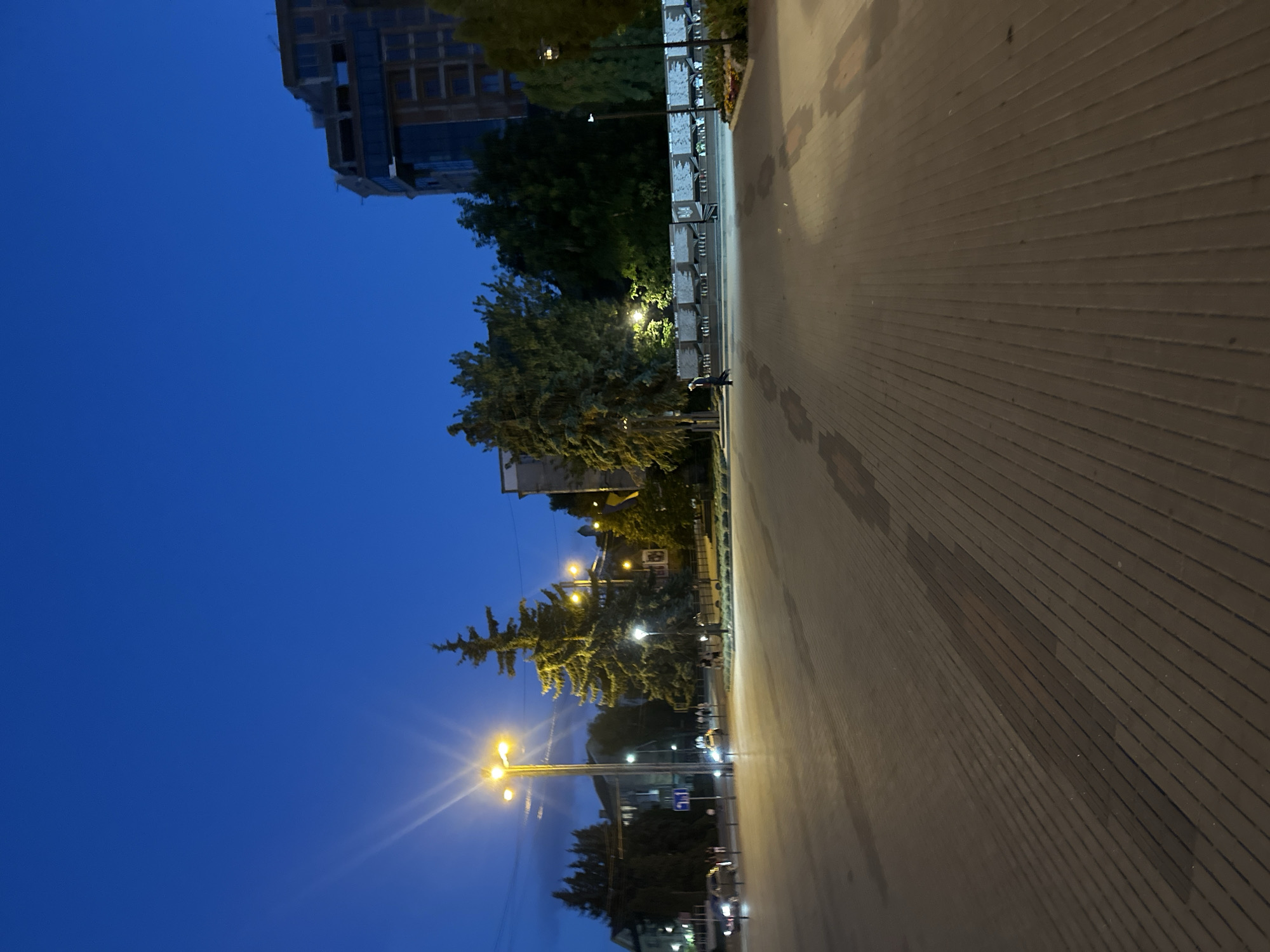 This image depicts a public square in Ternopil, Ukraine, at dusk or early evening. The sky is a deep blue, transitioning from twilight. In the foreground, the ground is paved with light-colored bricks, showing some wet patches or shadows. A lamppost with bright lights illuminates the area, casting a glow.
To the left, several cars are visible, some with their headlights on, suggesting traffic. A few indistinct figures are walking on the sidewalk. In the mid-ground, a large, mature evergreen tree stands prominently. Beyond it, a row of benches is situated along a wall that appears to be a memorial, with numerous plaques or inscriptions. A modern building with glass facades and construction elements is visible in the background to the right, contrasting with older, lower buildings on the left. Trees and foliage are scattered throughout the scene, contributing to the urban park-like atmosphere. A Ukrainian flag is also visible, attached to a pole in the mid-right of the image. The overall impression is of a quiet urban space after sunset, with artificial lighting playing a significant role in defining the scene.