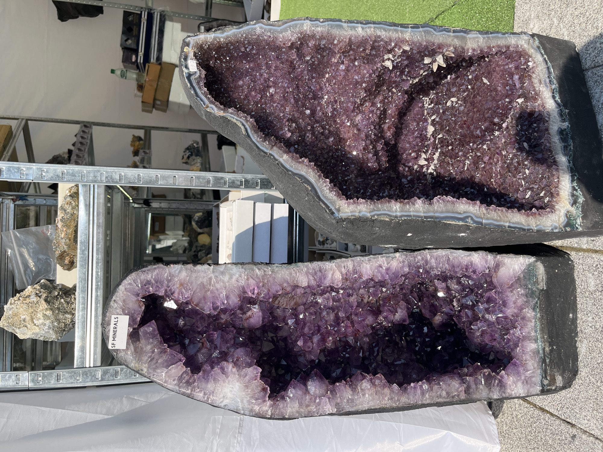 The image displays two large, open amethyst geodes standing upright on a paved outdoor surface in Madan, Bulgaria. The geode on the left is taller, exhibiting numerous dark purple amethyst crystals within its cavity, bordered by a white crystalline rim. A white rectangular label bearing the text "SF MINERALS" is affixed to its upper exterior. The geode on the right is slightly shorter and wider, featuring densely packed, deep reddish-purple amethyst crystals. Its exterior rim displays distinct bands of white and grey agate. In the background, several metal shelving units are visible, holding assorted mineral specimens, some contained within plastic bags or boxes. A white fabric barrier is positioned behind the left geode, and a section of green artificial turf is present on the ground to the right of the right geode. Further back, additional boxes and a bottle are discernible on shelves. No individuals are present in the frame.