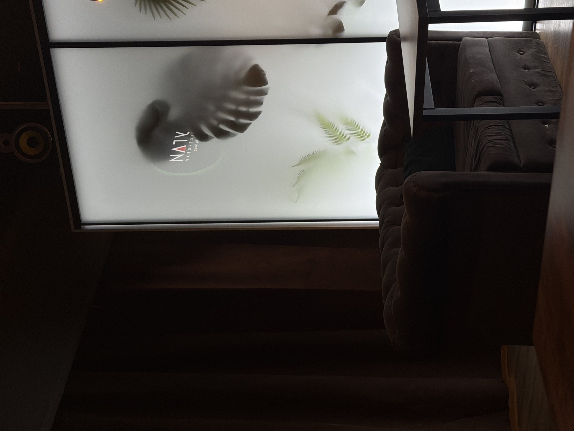 The image shows a dimly lit interior space. On the left, there's a speaker mounted near the ceiling. Above and to the left is a rectangular panel with a logo that reads "ALVN" in Cyrillic script alongside images of leaves. To the right, a modern sofa with tufted cushions sits next to a table with a metal frame and a light-colored top. The room is dark, with the background appearing to be steps or platforms descending into shadows. There is no mention or confirmation of the location in Chaikovsky, Russia, within the given image.