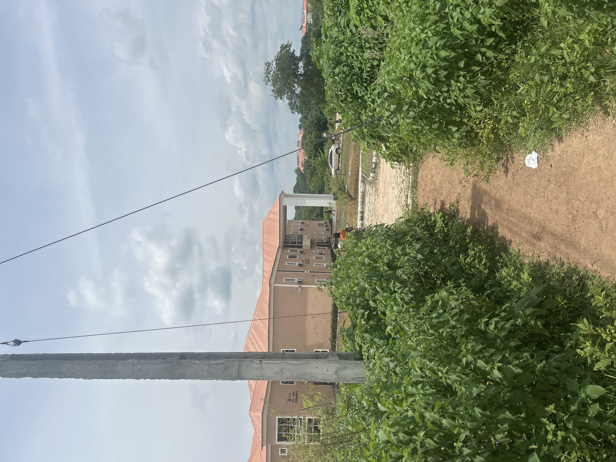 This media file captures an outdoor scene in Ogbomosho, Nigeria. The image is oriented vertically, with lush green foliage dominating the foreground and right side of the frame. A dirt path runs through the greenery, leading towards a building in the background.
The building appears to be a multi-story structure with a reddish-brown roof. Several windows and air conditioning units are visible on its beige facade. A white car is parked in front of the building. There are a few people visible near the building, though they are small in the frame.
A prominent concrete utility pole stands on the left side of the image, with power lines stretching across the sky. The sky is partly cloudy, suggesting it might be daytime, possibly late morning or afternoon. The overall setting appears to be a semi-urban or suburban area with a mix of natural growth and infrastructure. There is a small piece of white trash on the ground near the path. No discernible text is visible in the image.