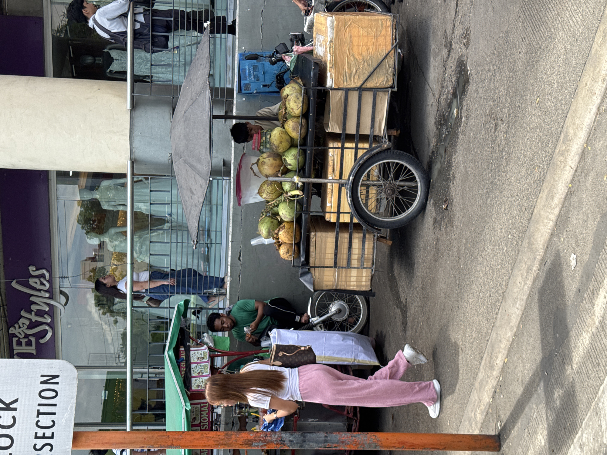 The image captures a vibrant urban street scene in Davao City, Philippines, during the daytime under bright, sunny conditions.
In the foreground, a woman with long brown hair, wearing a white t-shirt and pink pants with white sneakers, walks on a paved sidewalk, facing away from the camera. Beside her, a man in a green t-shirt and dark pants sits on the ground, seemingly counting money. A brown handbag with a distinctive Louis Vuitton monogram pattern rests on a white cloth nearby.
A large, three-wheeled vendor's cart occupies the midground, laden with numerous green and brown whole coconuts. Several cardboard boxes, some wrapped in brown paper, are also stacked on the cart. An open, dark-colored umbrella provides shade for the vendor, who is partially visible behind the coconuts. Part of a motorcycle, including a wheel, is visible next to the sitting man and behind the cart. The street surface is asphalt with a concrete curb, showing some wet patches.
In the background, a multi-story commercial building features large glass windows, reflecting the surroundings. Mannequins are visible within the storefronts. A person in a light-colored shirt and dark pants stands near the building's upper level, while another person is seen inside through the glass.
Visible text includes "ME&Styles" (likely "Life&Styles" or "Home&Styles") on the storefront. Smaller signs near the sitting man display "SIOMAI". A prominent white signpost in the left foreground shows partial text "CK SECTION", likely part of "BLOCK SECTION". The scene depicts everyday life and commerce in a bustling city environment.