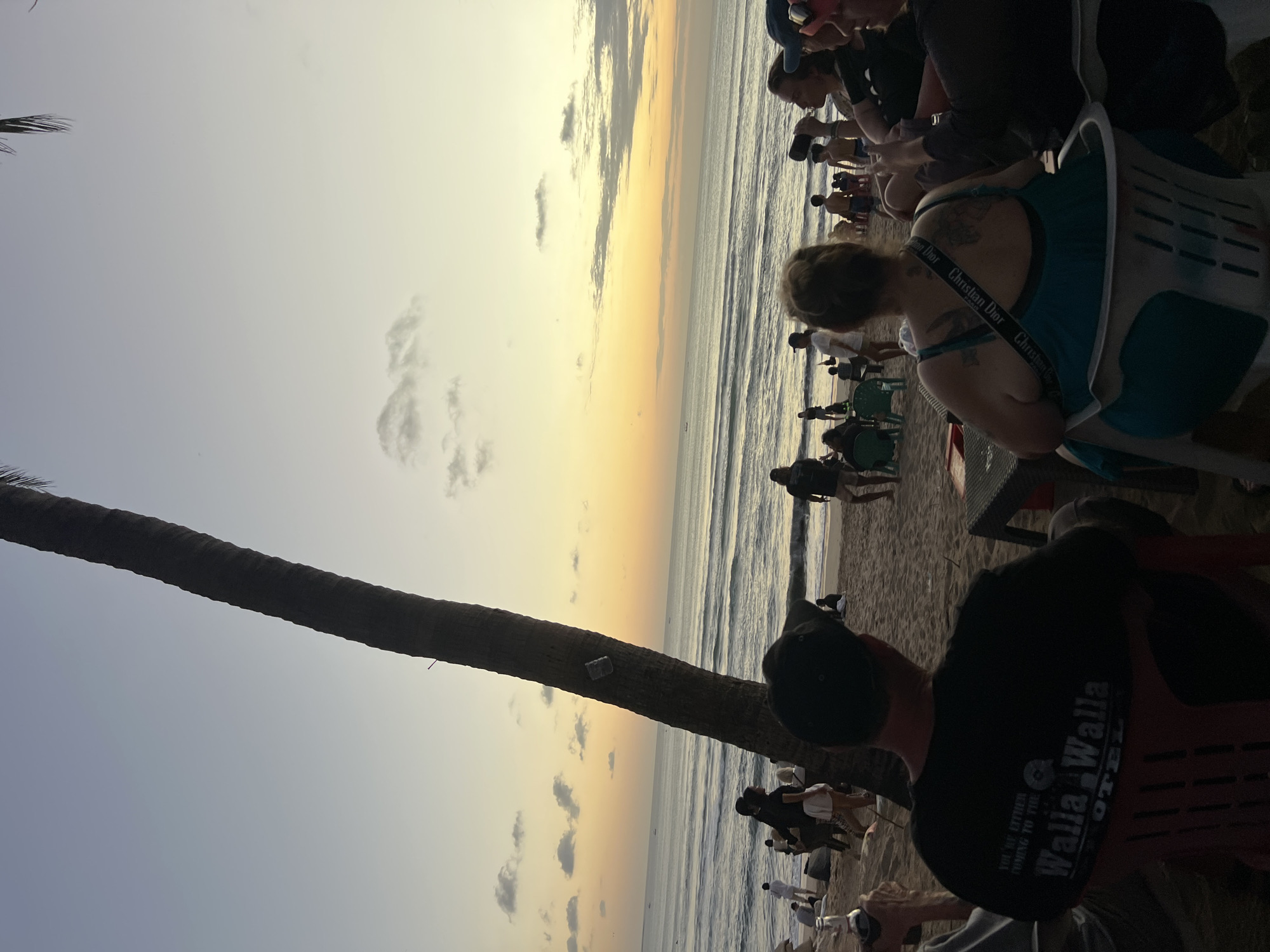 This image captures a sunset scene on Kuta Beach in Kuta, Indonesia. A prominent palm tree trunk dominates the left side of the frame, leaning diagonally across the sky. The sky transitions from a pale blue at the top to warm orange and yellow hues near the horizon, indicating the setting sun. Clouds are scattered across the sky, with some appearing as wisps and others as more defined formations.
The ocean stretches across the middle ground, with gentle waves rolling onto the sandy beach. Several small boats are visible in the distance on the water.
On the beach, a group of people are gathered. In the foreground, a person wearing a black t-shirt with "Walla Walla HOTEL" printed on the back is seated in a red chair, facing away from the camera. To their right, another person, also facing away, is seated in a white chair. This person is wearing a blue dress with a visible "Christian Dior" strap across their shoulder, and has tattoos on their back.
Further back, a variety of individuals are scattered across the sand. Some are standing, some are seated on chairs or directly on the sand, and some appear to be walking. Among them, a woman in white shorts and a dark top is walking towards the left, and a man in a black shirt and shorts is standing near the water. Other figures are silhouetted against the brighter background of the ocean and sky. Several empty chairs, some green and some white, are visible on the sand, suggesting a casual seating area for beachgoers. The overall atmosphere appears relaxed, with people enjoying the sunset by the sea.