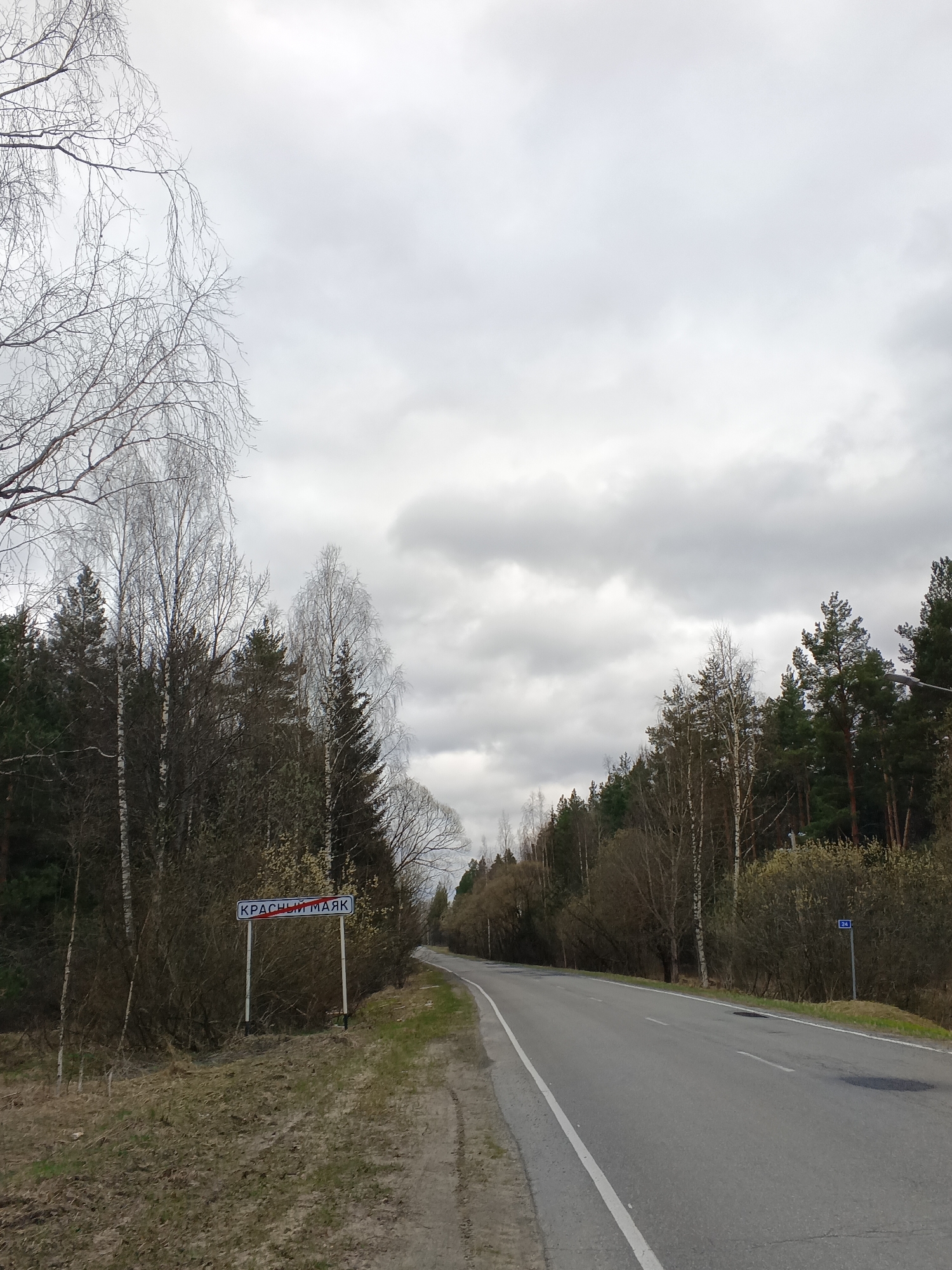 The image captures a rural road scene in Красный Маяк, Russia. The road is asphalt, with a white line marking the edge. A sign reading "КРАСНЫЙ МАЯК" marks the entrance to the location. The environment consists of trees on both sides of the road, and the sky is overcast with grey clouds. The scene appears uninhabited by people.
