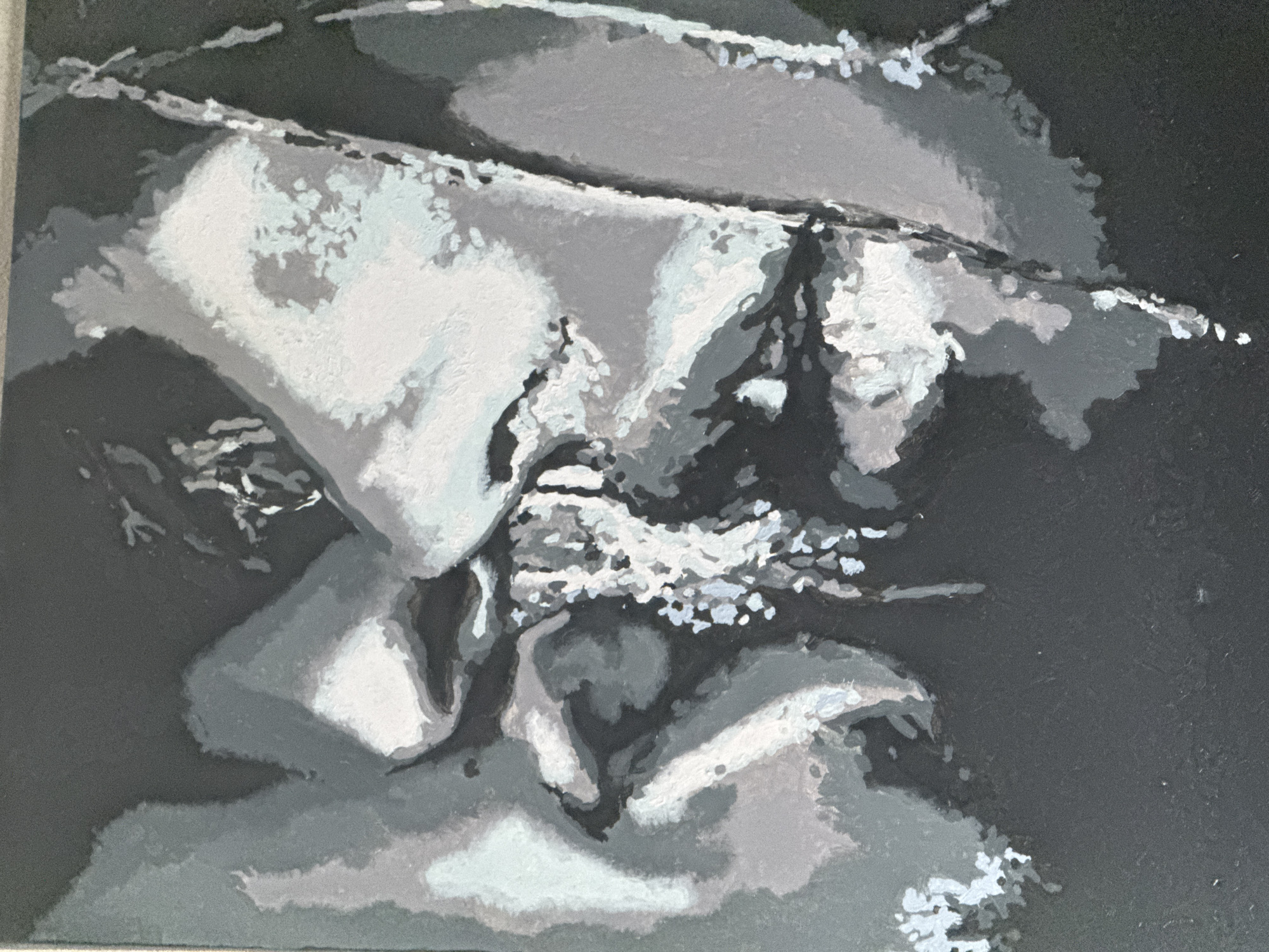 The image is a close-up painting in grayscale, depicting what appears to be a stylized representation of two faces in profile, facing each other and very close. The details are abstract, focusing on the interplay of light and shadow on what could be noses, lips, and chins. There is a textured, almost fragmented quality to the rendering, with patches of white and light gray contrasting with darker shades. The background is uniformly dark. The image does not contain any elements that would allow for the determination of a specific location in Saratov, Russia.