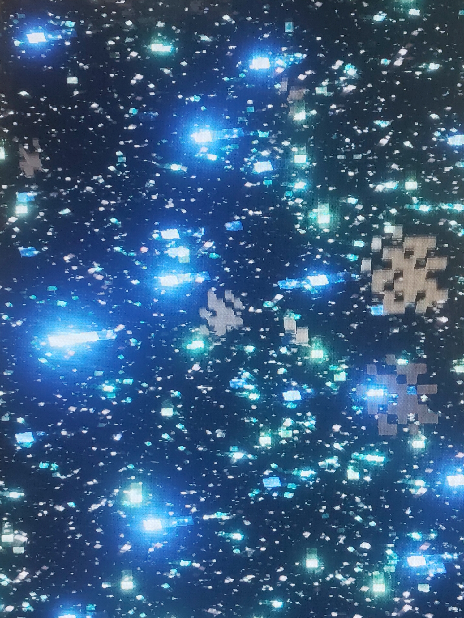 The image displays an abstract, digital scene reminiscent of a starry night or outer space. The background is a deep, dark blue, scattered with countless small, bright white and pale blue glowing specks, akin to distant stars. Interspersed throughout are numerous larger, square-shaped lights, predominantly in vibrant shades of blue and cyan, some appearing to emanate intense light with visible light streaks, suggesting a digital glow or pixelated lens flare.
A prominent feature includes several distinct, light gray, pixelated shapes, which resemble stylized snowflakes or intricate asterisks. These shapes are distributed across the frame, varying in size, and appear integrated with the glowing lights and dark background. The pixelated nature of all elements gives the impression of a digital rendering or an image from a retro video game.
No people or traditional objects are visible. There is no discernible activity or event taking place, as it is a static, abstract composition. The scene evokes a sense of wonder, vastness, and a synthetic or digital aesthetic. No text is present in the image.