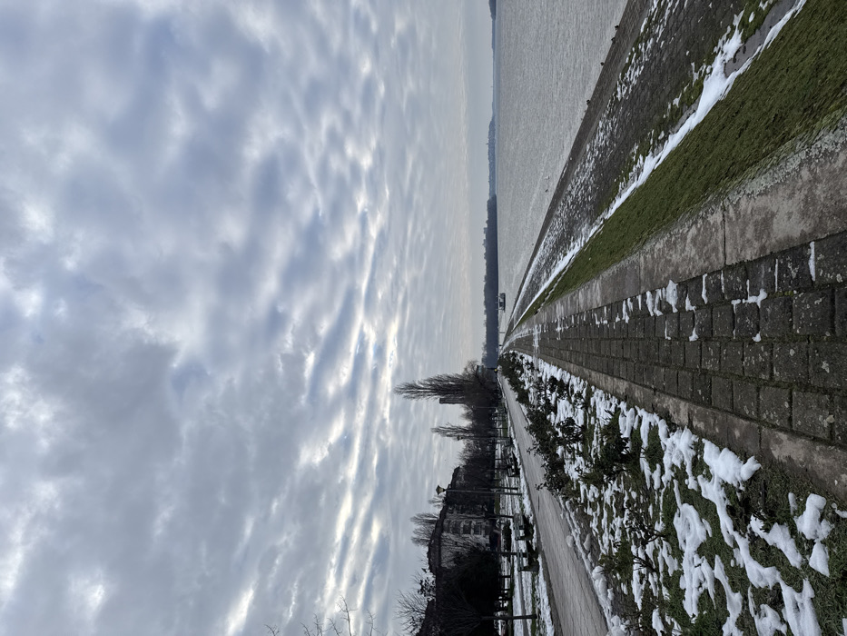 A cloudy sky hovers over a wintery scene. A long walkway lines the edge of a body of water. Patches of snow cover the ground and vegetation beside the walkway. Buildings and trees are visible further down the walkway. The scene has a muted, greyish tone, typical of a winter day.