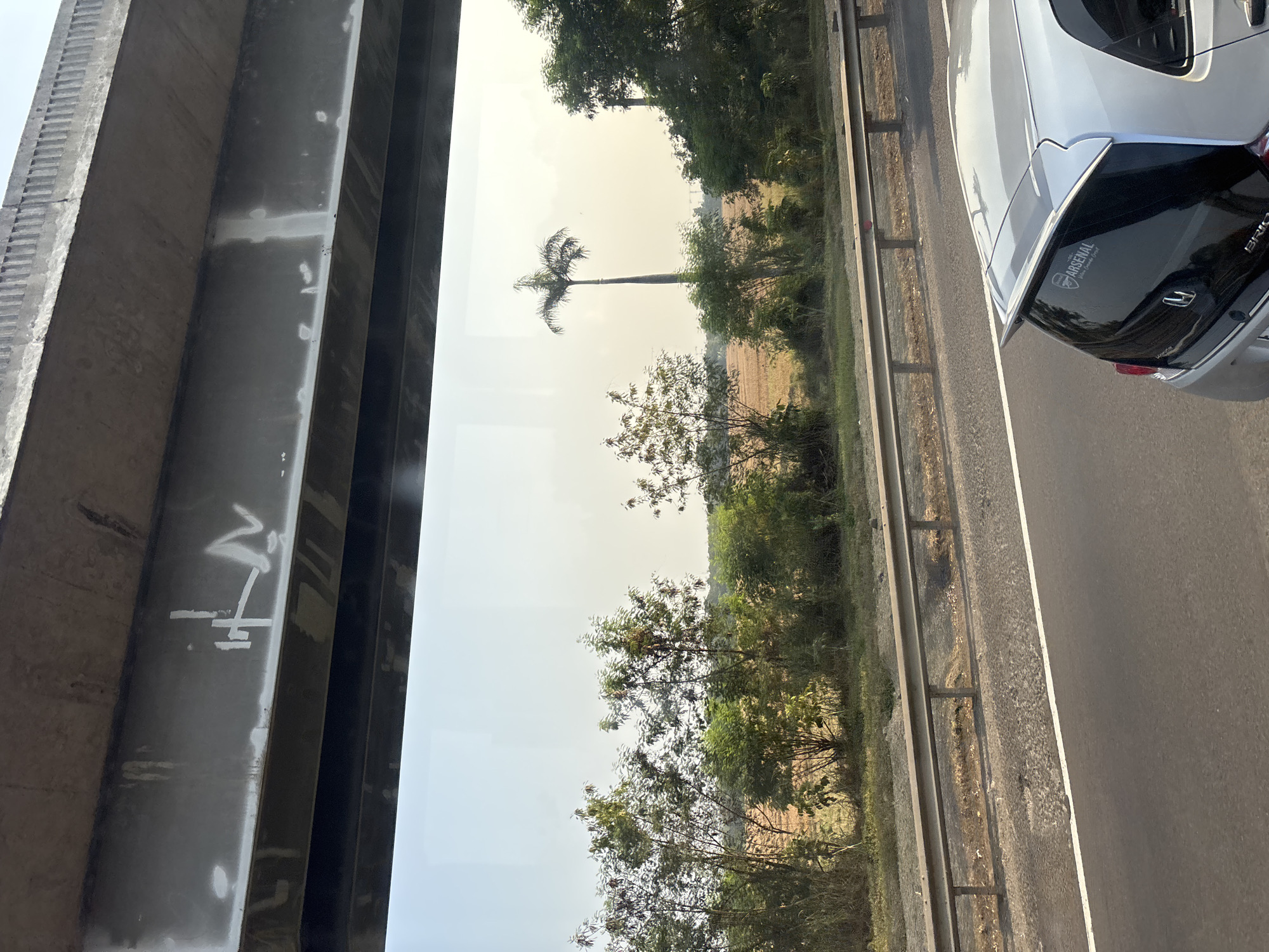 This is a photograph taken from inside a vehicle traveling on a highway in Karawang, Indonesia, looking out through the window. The foreground is dominated by the rear of a silver car with a spoiler, and a portion of the highway. A metallic guardrail separates the highway from a vegetated area with fields in the background. A distinctive tall palm tree stands out against the sky. Above the natural landscape, a concrete overpass or bridge is visible, with some markings on its underside. The sky is bright and hazy, suggesting it is daytime, possibly morning or late afternoon, with the sun creating a soft glow. The overall scene depicts a typical highway view in a tropical or subtropical region.