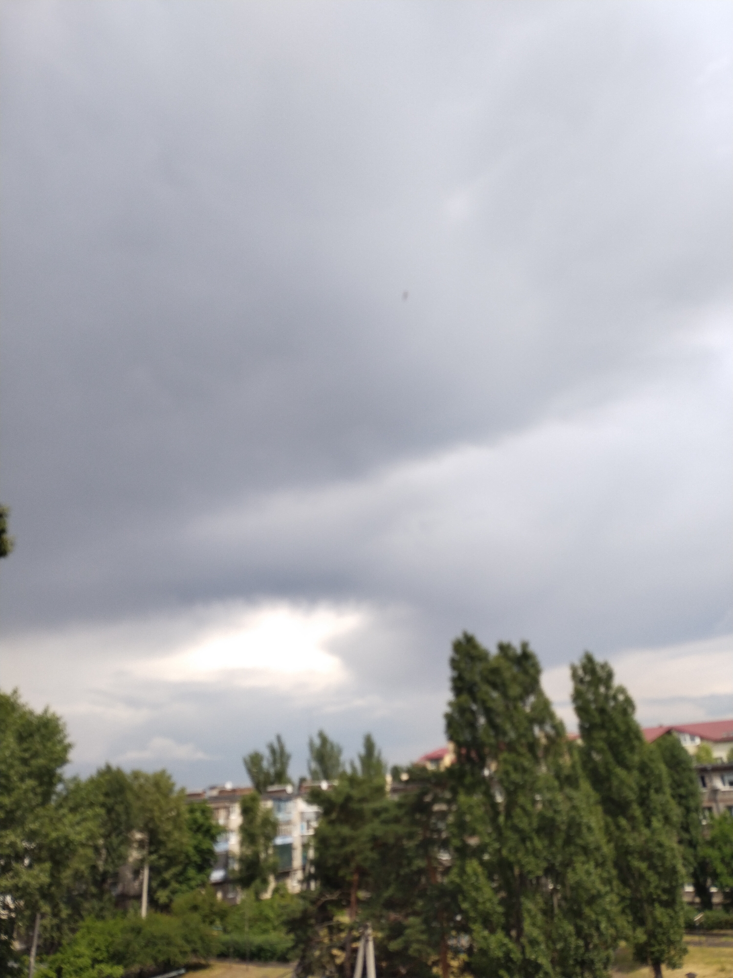 This image captures an out-of-focus urban landscape within Horishni Plavni, Ukraine, under heavy cloud cover. The upper two-thirds of the frame consist of a dense, dark grey overcast sky, with a brighter, lighter grey cloud formation centrally located beneath the darker cloud mass. A small, dark, indistinct speck is visible in the upper-middle portion of the darker clouds. The lower third of the image is dominated by lush green vegetation, featuring dense broadleaf trees on the left and several tall, slender coniferous trees towards the center-right. Partially obscured by the trees are multiple multi-story residential buildings, typical apartment blocks, with visible light-colored facades and some red-tiled rooflines in the background to the right. No people or discernible activities are present in the scene. The ambient light is diffuse, consistent with the fully clouded sky.