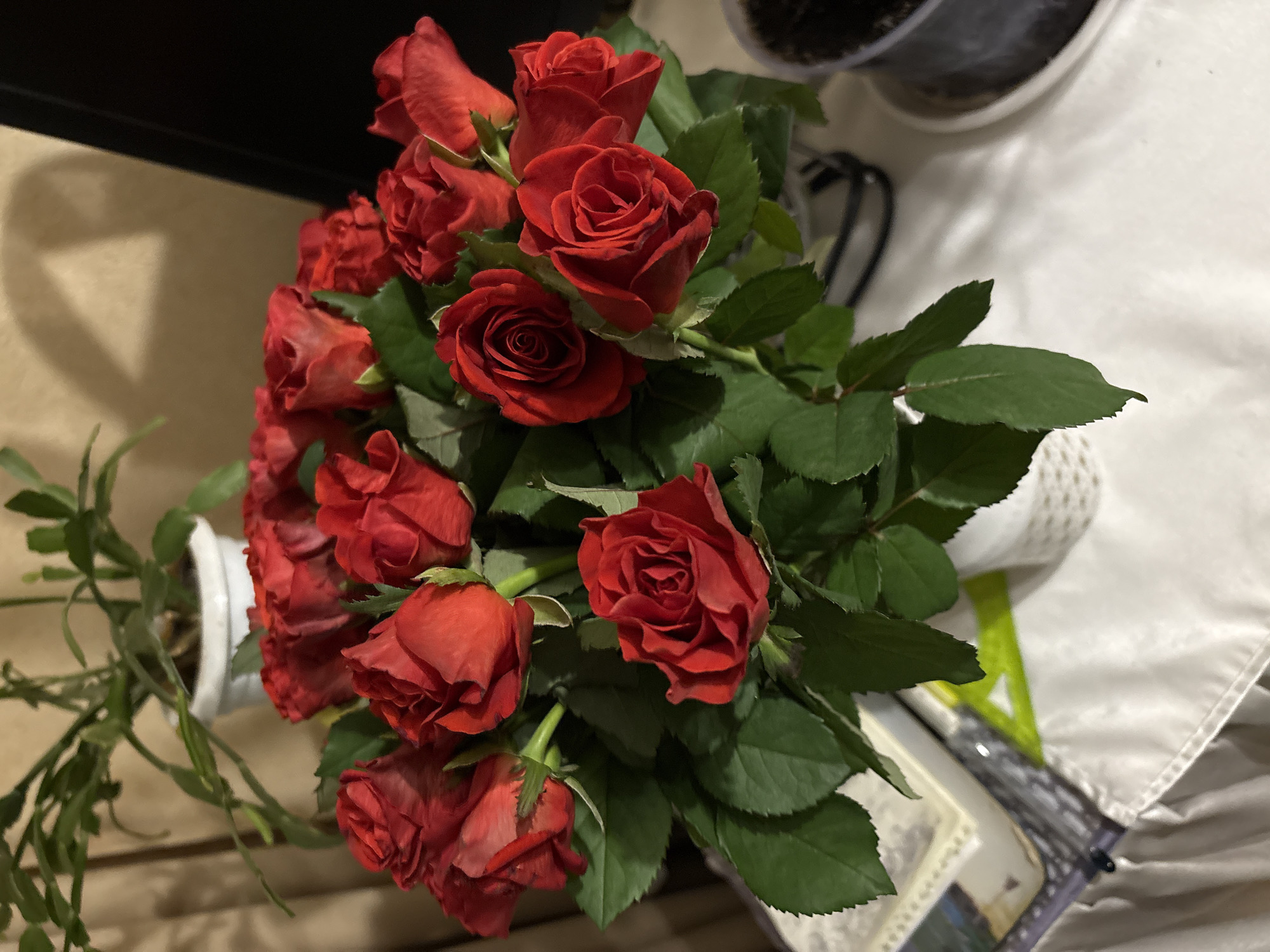 This image depicts a close-up, overhead view of a bouquet of red roses arranged in a white vase. The roses are a vibrant red, with some in full bloom and others still forming buds. Lush green leaves surround the flowers, creating a rich contrast. In the background, a potted plant with green foliage is visible, along with a wall that casts a shadow. The bouquet is placed on a white tablecloth, which covers a table. To the left of the vase, a stack of books or magazines can be seen. The lighting suggests an indoor setting, possibly a home or a shop, with soft ambient light. The scene does not contain any people or any specific identifiable landmarks that would indicate a precise location within Ternopil, Ukraine.