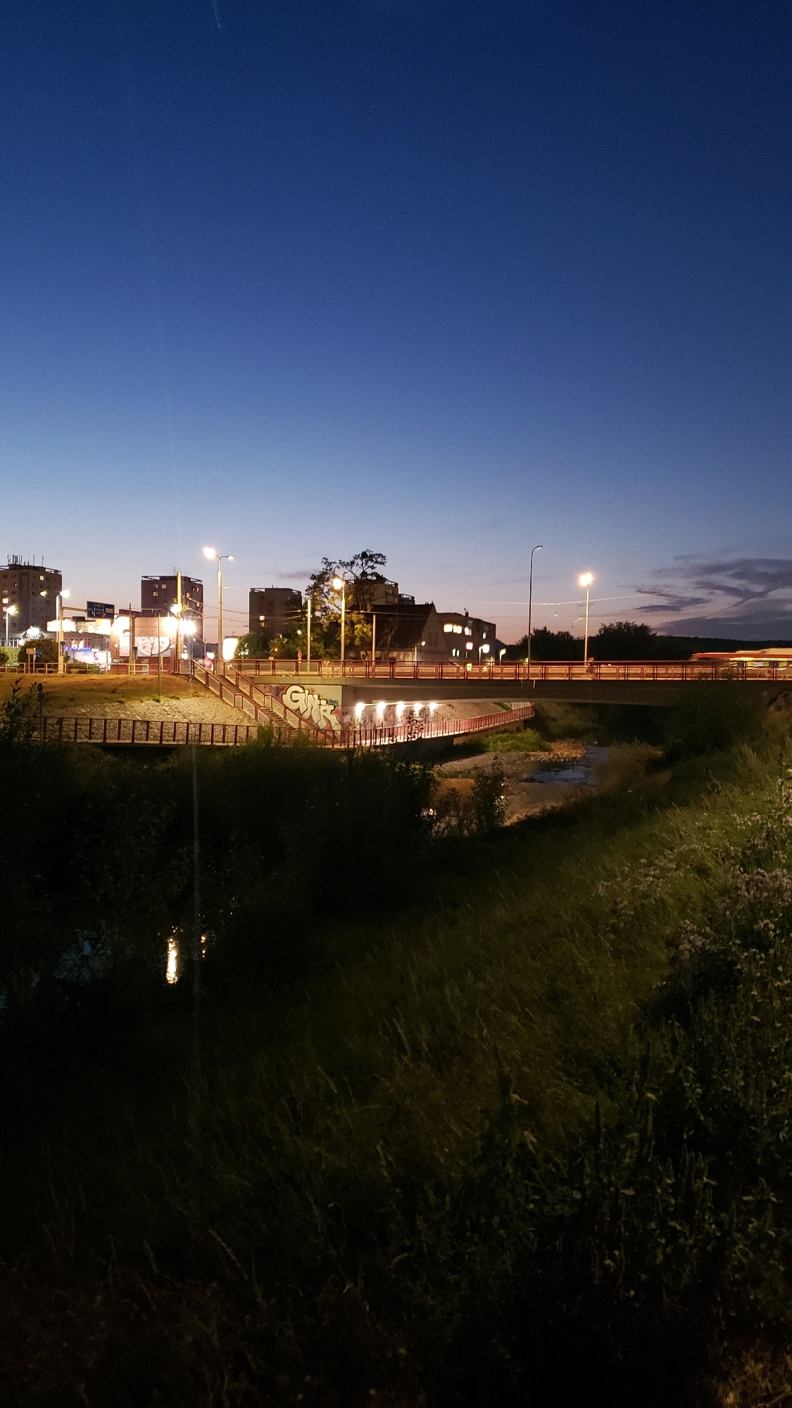 The image captures a dusk scene in Prešov, Slovakia, focusing on a bridge spanning a shallow, rocky riverbed. The sky is a deep twilight blue, transitioning to lighter shades near the horizon. The bridge itself is illuminated by streetlights, casting a warm glow on its wooden railings and concrete structure. Graffiti, including the letters "GWR," is visible on the side of the bridge. A walkway with red railings runs parallel to the bridge, suggesting a pedestrian pathway.
On the far side of the river, a cityscape is visible with several multi-story buildings, some with illuminated windows. Streetlights are prominent along the roadway crossing the bridge, and a bus with its lights on is seen in motion on the bridge. The foreground is dominated by dark, lush vegetation, with tall grass and some flowering plants. A faint reflection of light can be seen in the shallow water of the river. The overall impression is of an urban area at the cusp of night, with man-made structures integrated into a natural setting.