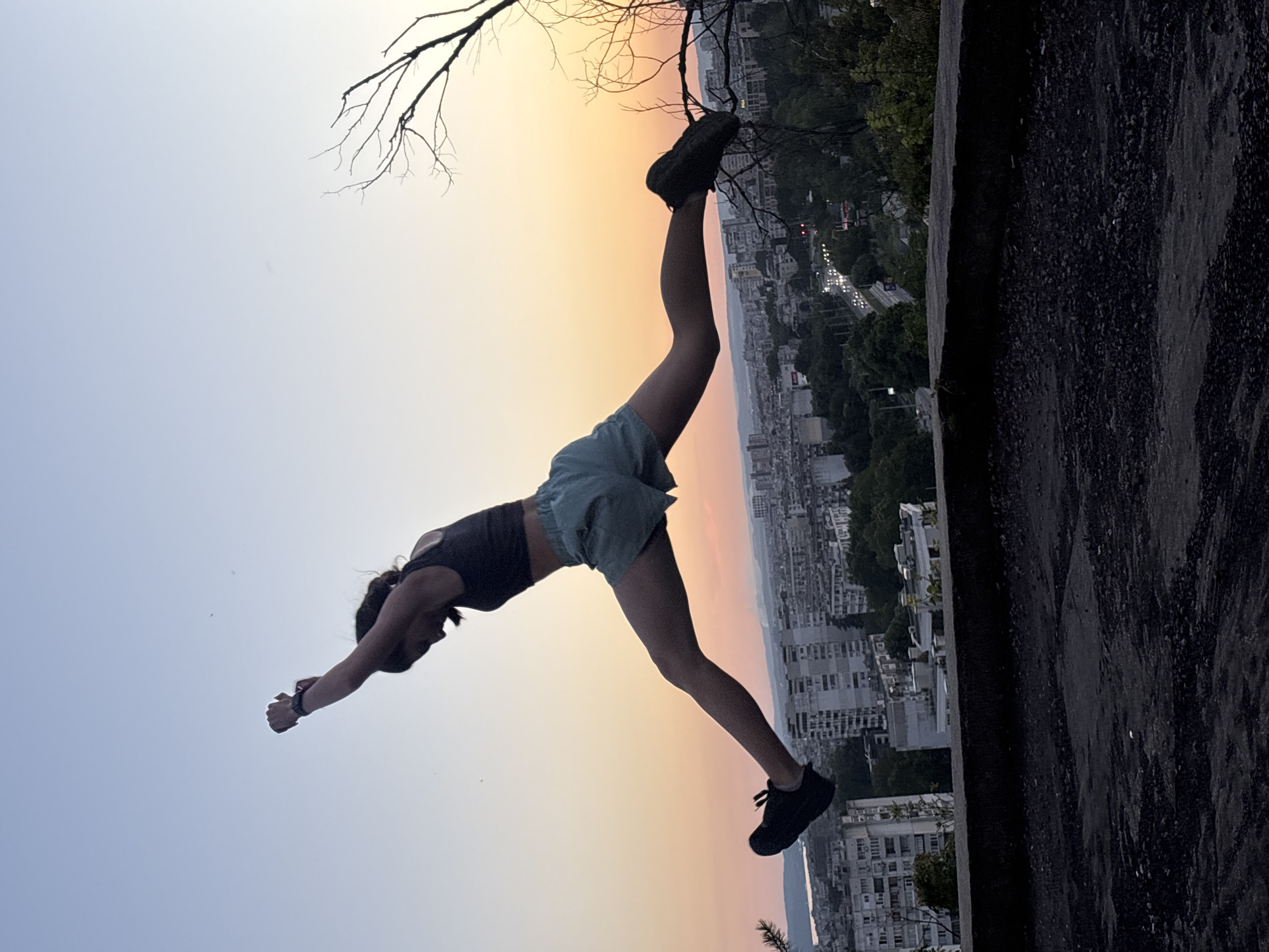 A woman is captured in a moment of athletic movement, performing a stretch or yoga pose against a backdrop of a city at sunset. She is positioned with her torso angled downwards, one leg extended upwards and bent at the knee, with her foot resting on a branch. Her arms are outstretched, reaching towards the sky. She wears a dark tank top and light-colored shorts, and black athletic shoes.
The scene is set on an elevated vantage point, overlooking a sprawling city. The buildings are densely packed, and a road with car headlights is visible in the distance, suggesting it's dusk or early evening. The sky transitions from a pale blue at the top to a warm orange and pink hue near the horizon, indicating sunset. A bare tree branch extends from the upper left corner of the frame, adding a natural element to the urban landscape. The ground in the foreground is a rough, dark texture, possibly a stone wall or paved area. The overall mood is one of serene athleticism and appreciation for the panoramic view. The time of day is clearly sunset. There is no visible text in the image.