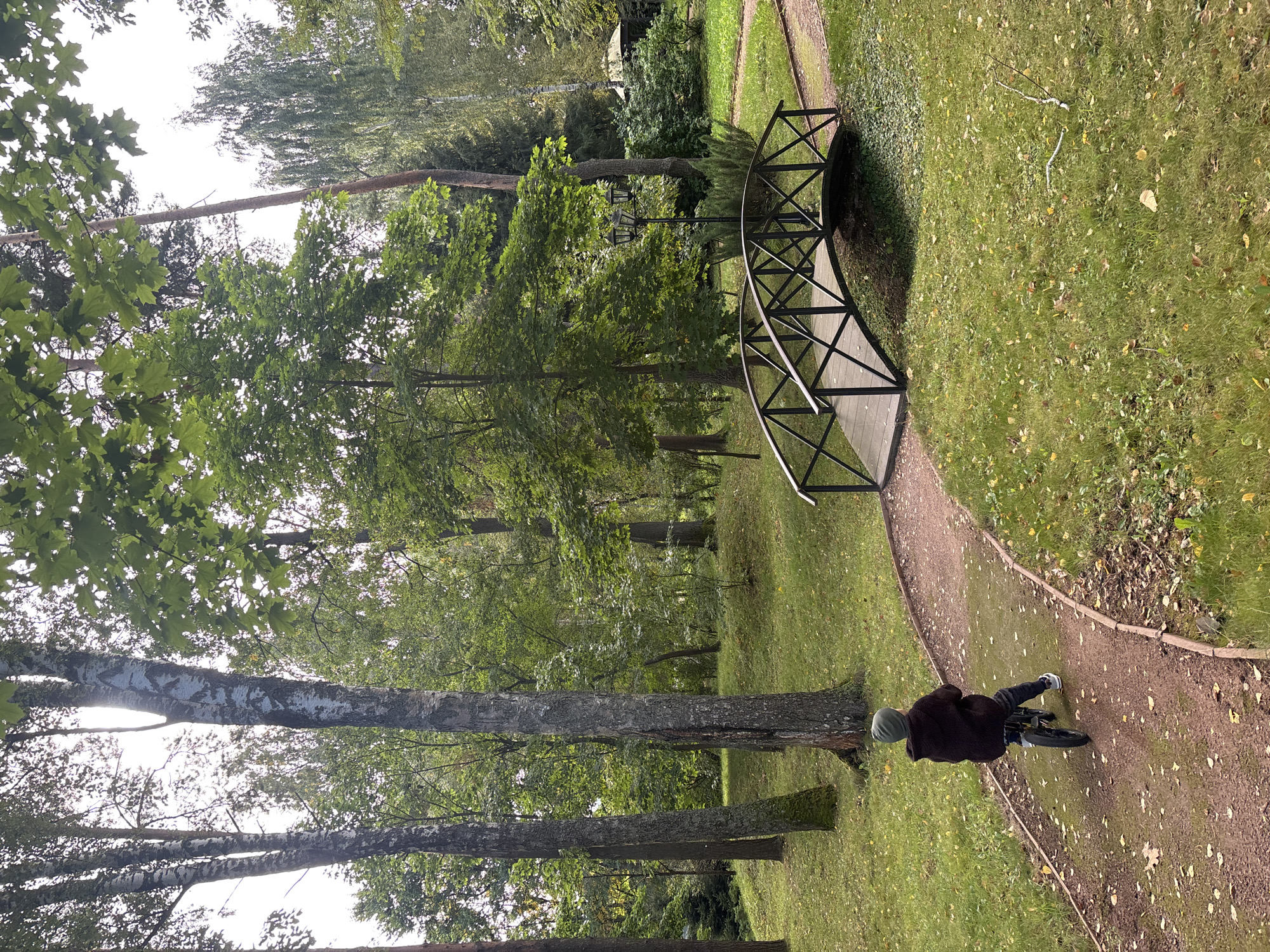 A young child rides a balance bike on a dirt path in a park in Rozhdestveno, Russia. The child, wearing a dark jacket and green hat, is facing away from the camera. The path curves through a grassy area with scattered fallen leaves. In the background, a decorative black metal bridge arches over a dip in the terrain, with a lamppost to its right. Tall trees with lush green foliage surround the park, with birch trees prominent among them. The sky is overcast, with bright white light filtering through the leaves. Further in the background, a gazebo-like structure is visible.