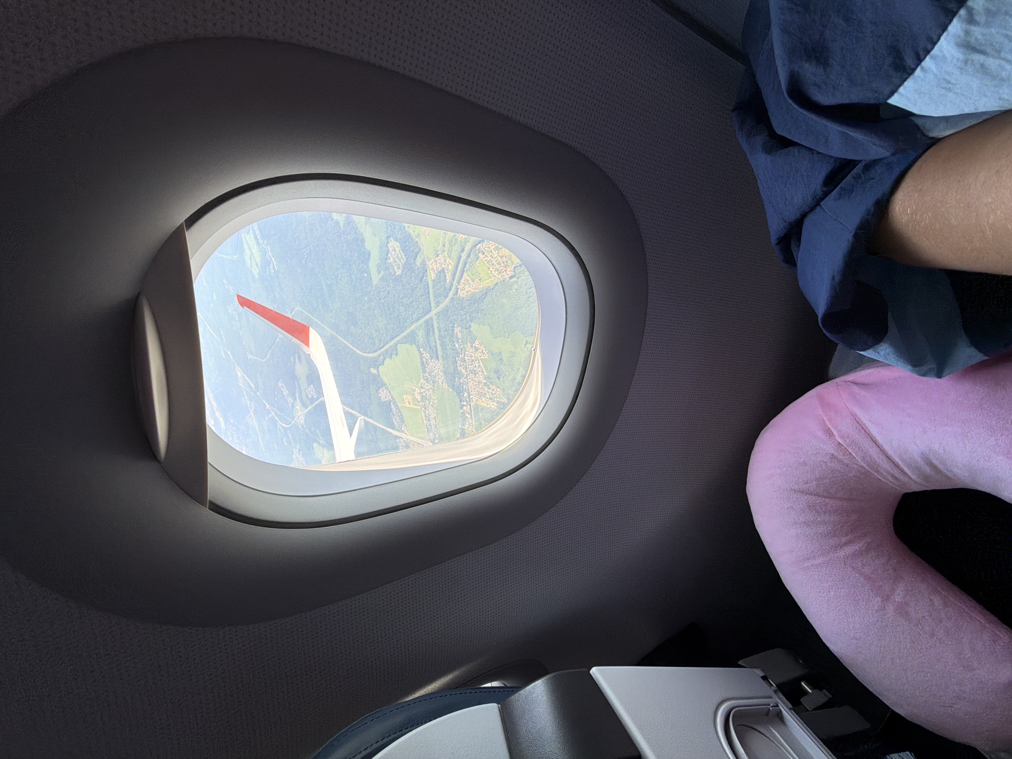 The image shows a view from an airplane window. Outside the window, a landscape with green fields, trees, and houses is visible. An airplane wing with a red tip extends into the frame. Inside the plane, a pink pillow and a blue blanket are on the seat. The image is taken from a seated perspective, suggesting a passenger's view. The location is specified as Бордуки, Russia.