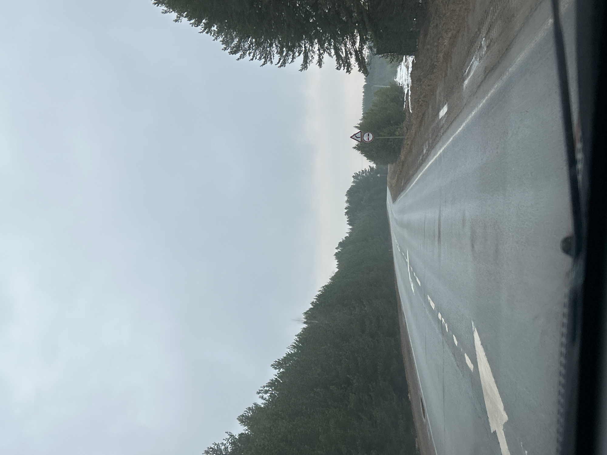A straight, rain-soaked road stretches into the distance under a heavy, overcast sky. The road is bordered by dense foliage, primarily coniferous trees, on both sides. A road sign with a red and white symbol is visible near the roadside on the right. The location is Фоки, Russia, based on prior context. The perspective is from within a vehicle, suggesting a moving viewpoint. A white directional arrow is painted on the road surface, indicating the intended direction of travel. The atmosphere appears somber and damp.