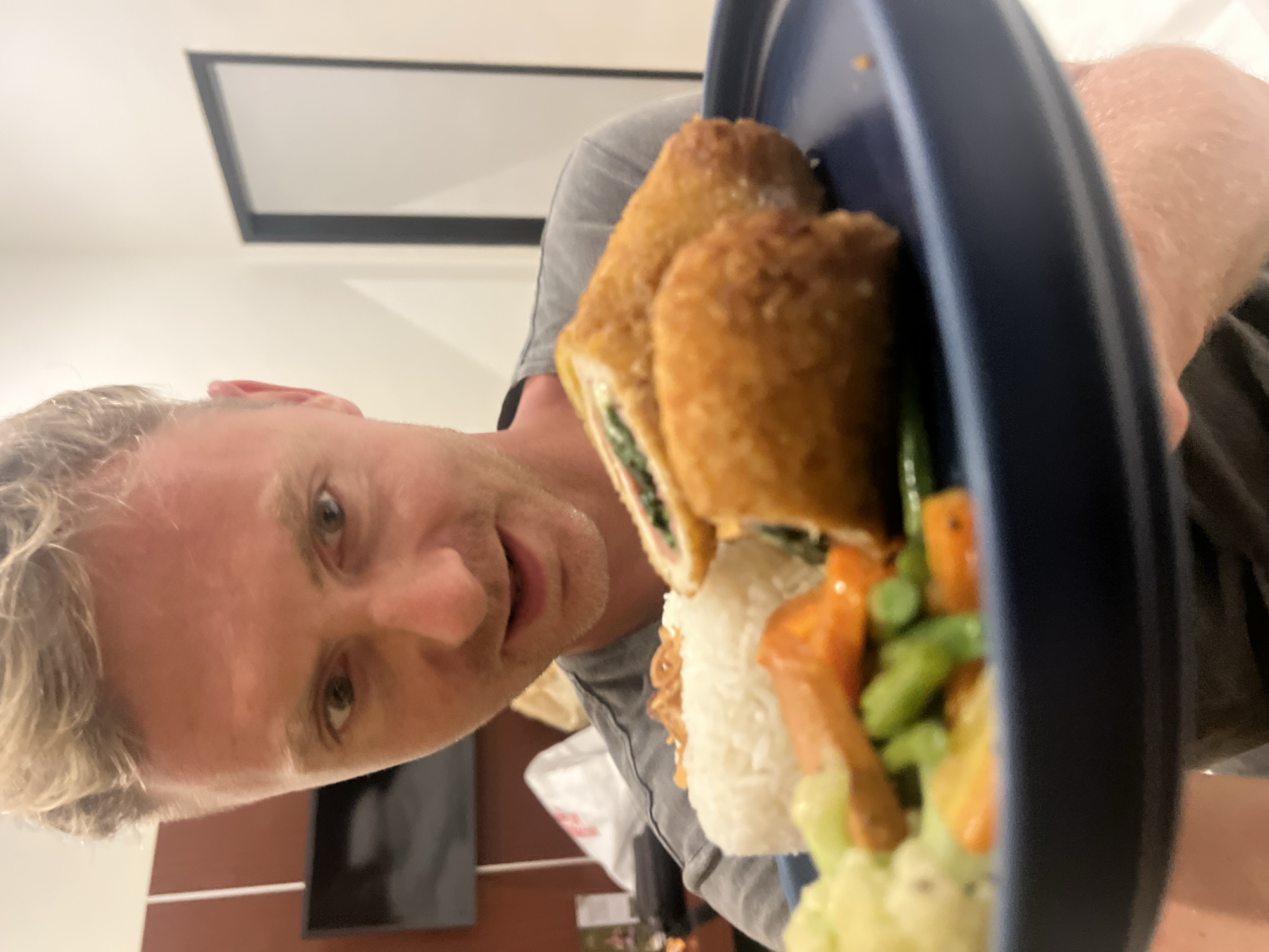 The image, rotated ninety degrees clockwise, features a fair-skinned man with light-colored hair, looking directly at the camera with a slight smile. He is wearing a grey t-shirt and holding a dark blue plate of food.
The plate contains two golden-brown, breaded and fried rolls, one of which is cut open to reveal a green filling, possibly spinach or another herb. Beside these rolls is a portion of white rice and a mix of cooked vegetables, including bright green beans, diced orange carrots, and white cauliflower florets.
The setting is indoors, with a plain white wall visible behind and above the man. On this wall, a rectangular black-framed object, possibly a screen or mirror, is mounted. A section of reddish-brown wall is visible in the lower background. A white plastic bag with unreadable red text is partially visible in the bottom left corner, behind the man's arm.
The man appears to be presenting his meal, possibly for a photo or video, conveying a casual and contented expression. The lighting suggests an indoor environment. This scene takes place in Kuta Selatan, Indonesia. No readable text is visible in the image.