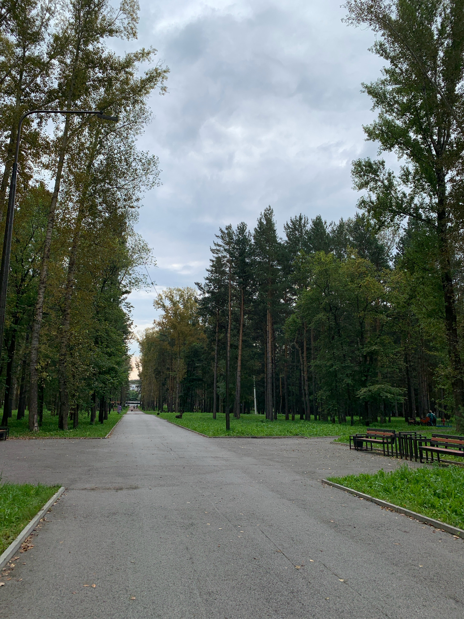 The image depicts a paved pathway in a park, flanked by tall trees on either side. The pathway leads into the distance, where several figures can be seen walking. The sky is overcast with clouds. The scene is likely in Prokopyevsk, Russia, a city known for its industrial history and numerous parks. The presence of trees, pathways, benches, and a lamppost suggests a public park setting within the city. The overall atmosphere is subdued, possibly due to the cloudy weather.