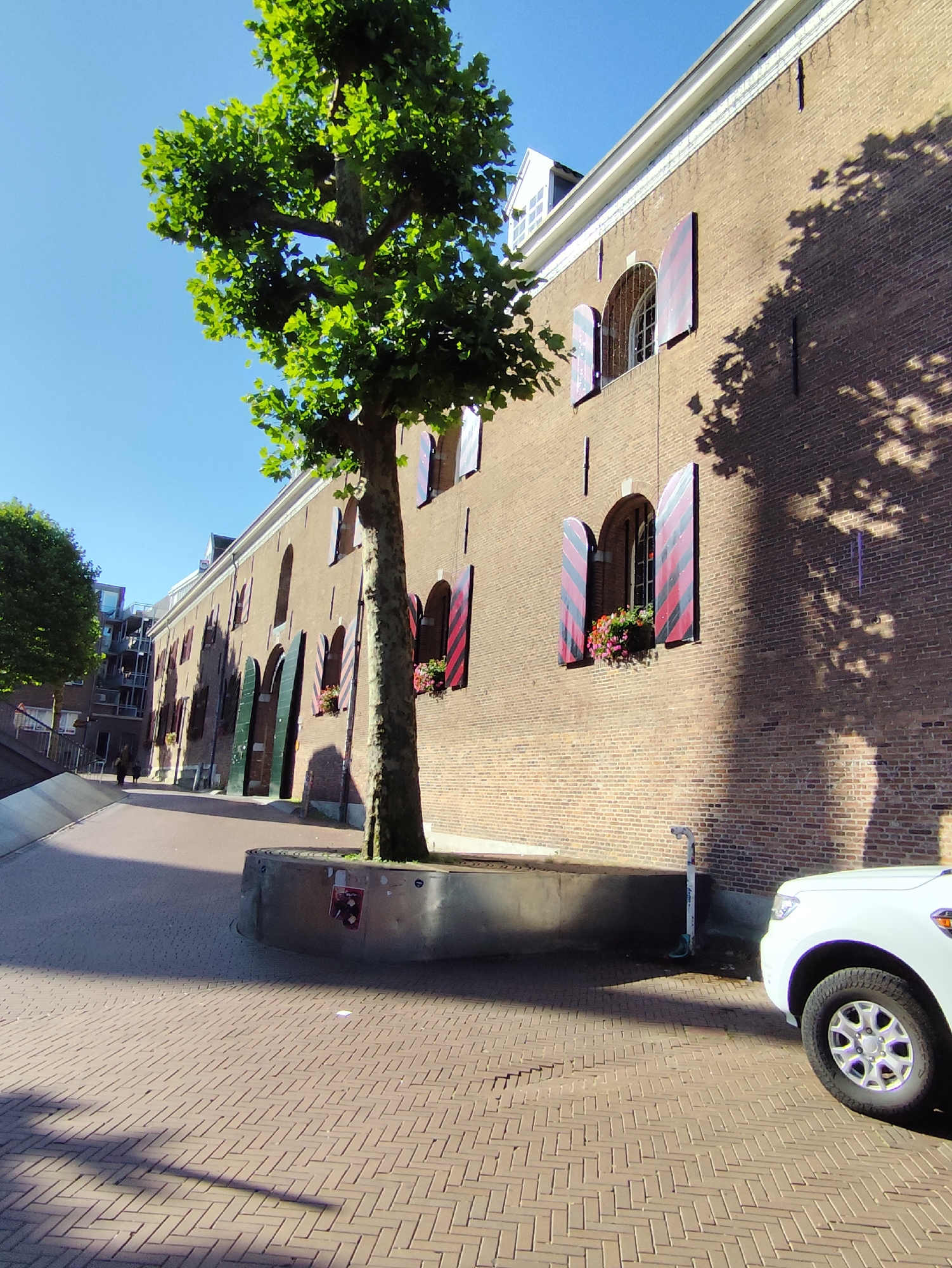 This image depicts a street scene in Nijmegen, Netherlands. A large brick building with arched windows and red and black shutters dominates the right side of the frame. A mature tree with green leaves stands in the foreground, casting shadows on the herringbone-patterned brick walkway. A white vehicle is partially visible on the right edge of the image. In the background, a modern building with glass balconies can be seen. The sky is clear and blue.