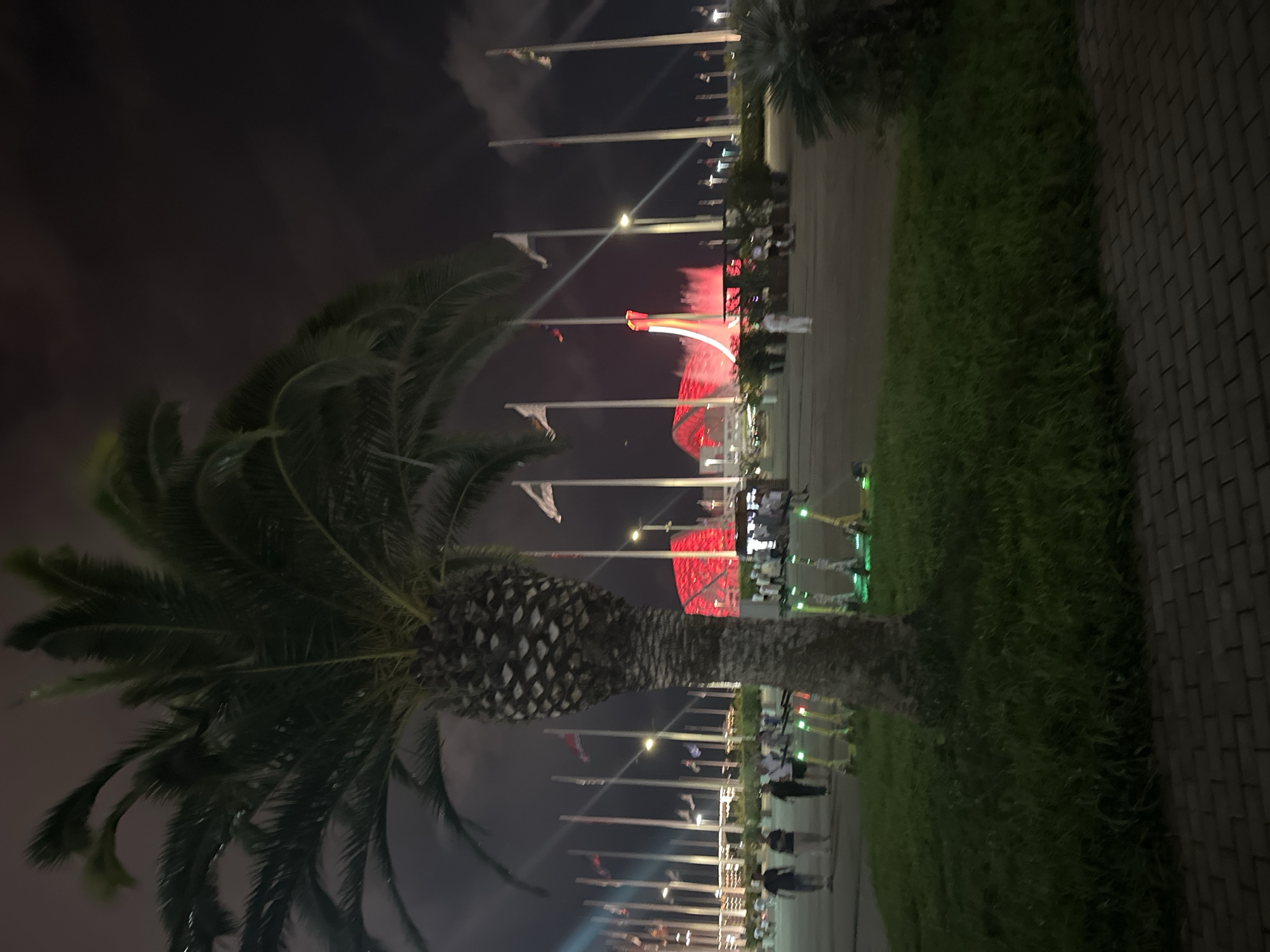 A night scene in an outdoor plaza features a prominent palm tree in the foreground, its fronds dark against the night sky. Behind the palm tree, a large fountain is illuminated with red light, creating a dramatic display. Numerous flags on tall poles are arranged in rows, some catching the light. In the mid-ground, several people are walking, and a row of electric scooters is parked, some with green lights illuminated. The plaza pavement is visible in the foreground, made of brick. In the background, architectural structures with red lighting are visible.