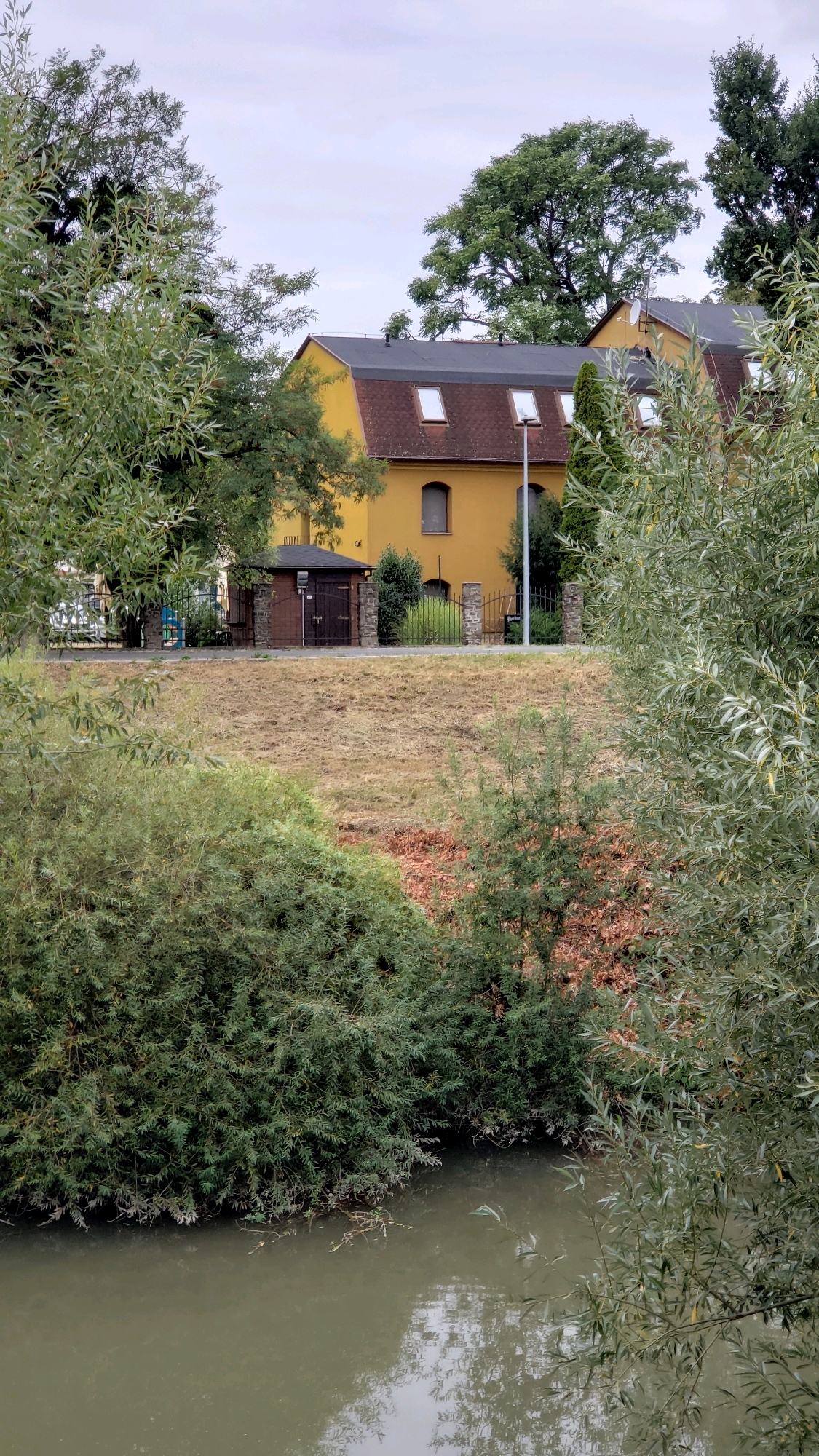 The image captures a serene natural setting adjacent to a residential area. In the foreground, a body of murky water reflects the overcast sky and the surrounding vegetation. Dense green bushes and trees line the banks of the water. Beyond the water, a gently sloping grassy embankment, mostly dry and sparse, leads up to a row of buildings. These buildings appear to be houses or apartments, with yellow facades and dark-tiled roofs featuring dormer windows. One of the structures has a prominent chimney. A small, dark wooden shed with a stone foundation is situated on the property, enclosed by a fence. The area seems quiet and residential, possibly located in the city of Prešov, Slovakia.
