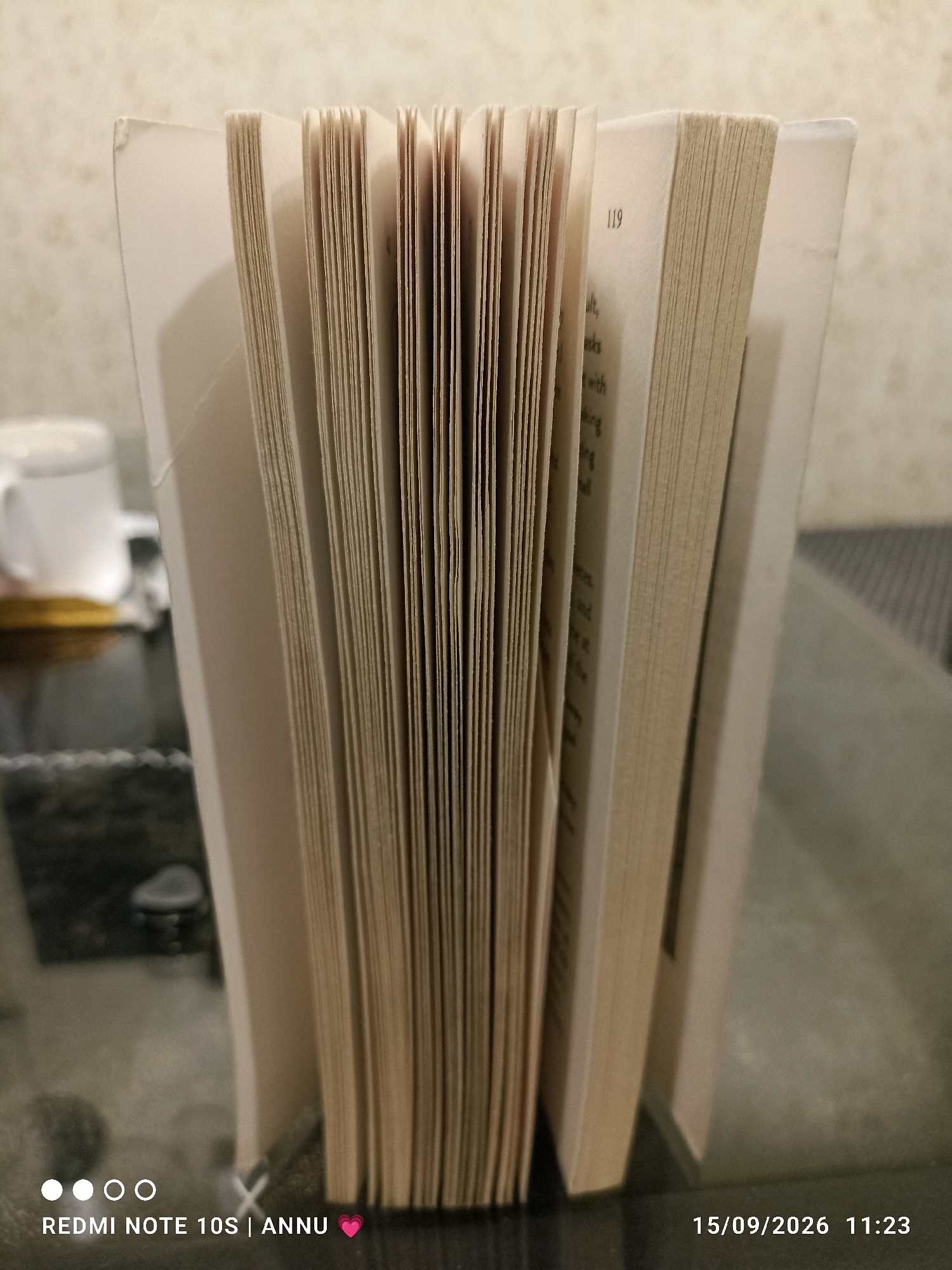 The image is a close-up, eye-level, vertical shot of an open book, displaying its thick, cream-colored pages and binding. The book is positioned on a dark, reflective surface, possibly a glass table, with a textured, light-colored wall visible in the background. To the left of the book, a blurred white mug with a handle is partially visible. The bottom left corner of the image contains white text reading "REDMI NOTE 10S | ANNU" with a pink heart emoji, and the bottom right corner displays a date and time stamp: "15/09/2026 11:23". The image does not provide any visual information to suggest its location in Pampore, India.
