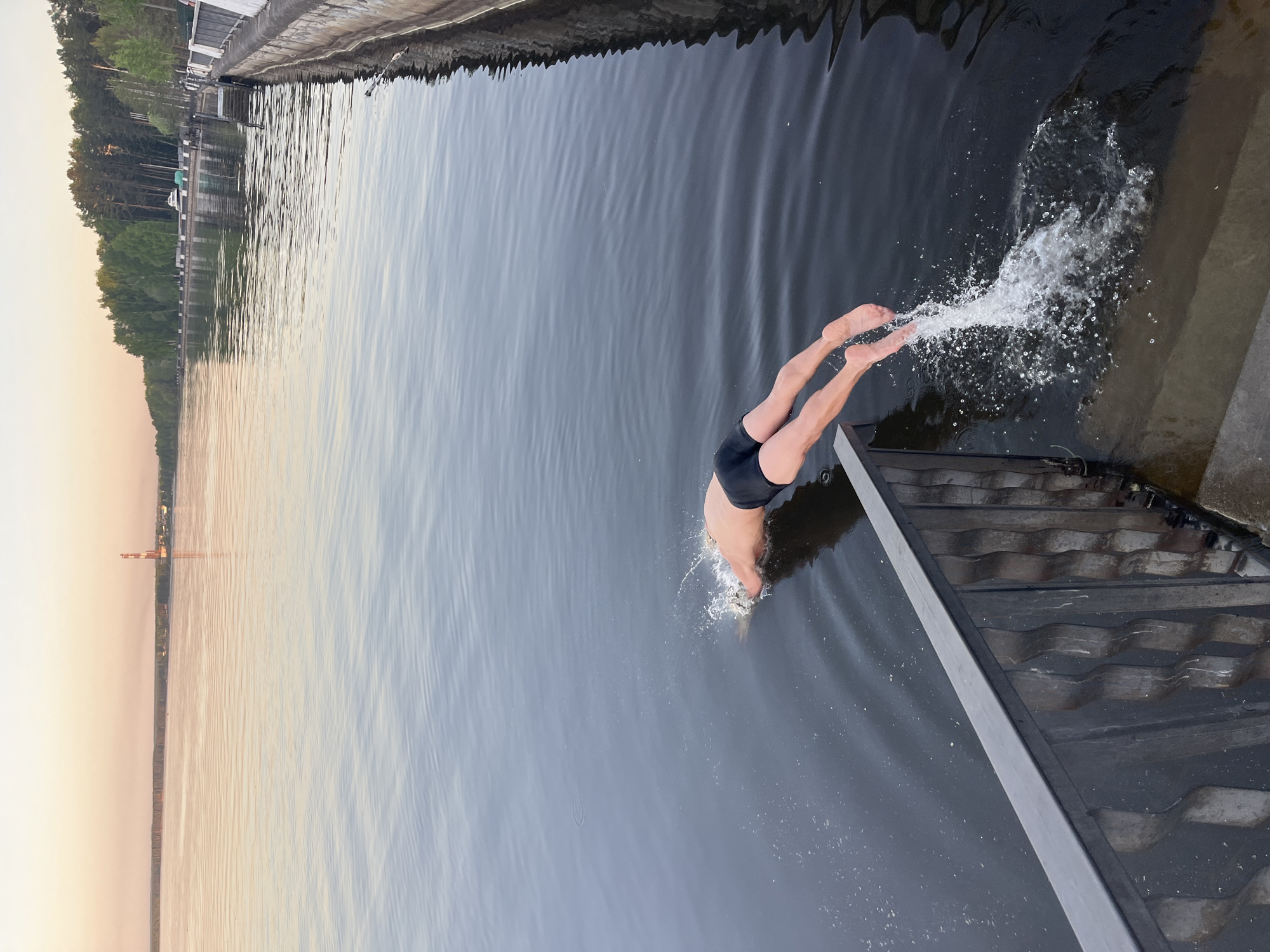 A person in black shorts dives headfirst into dark water. The water splashes as their head and feet enter. The diver appears to be diving from a metal staircase attached to a concrete structure bordering the water. A forest line is visible across the water, with a crane or tall structure extending from the horizon. The city is likely Chaikovsky, Russia.