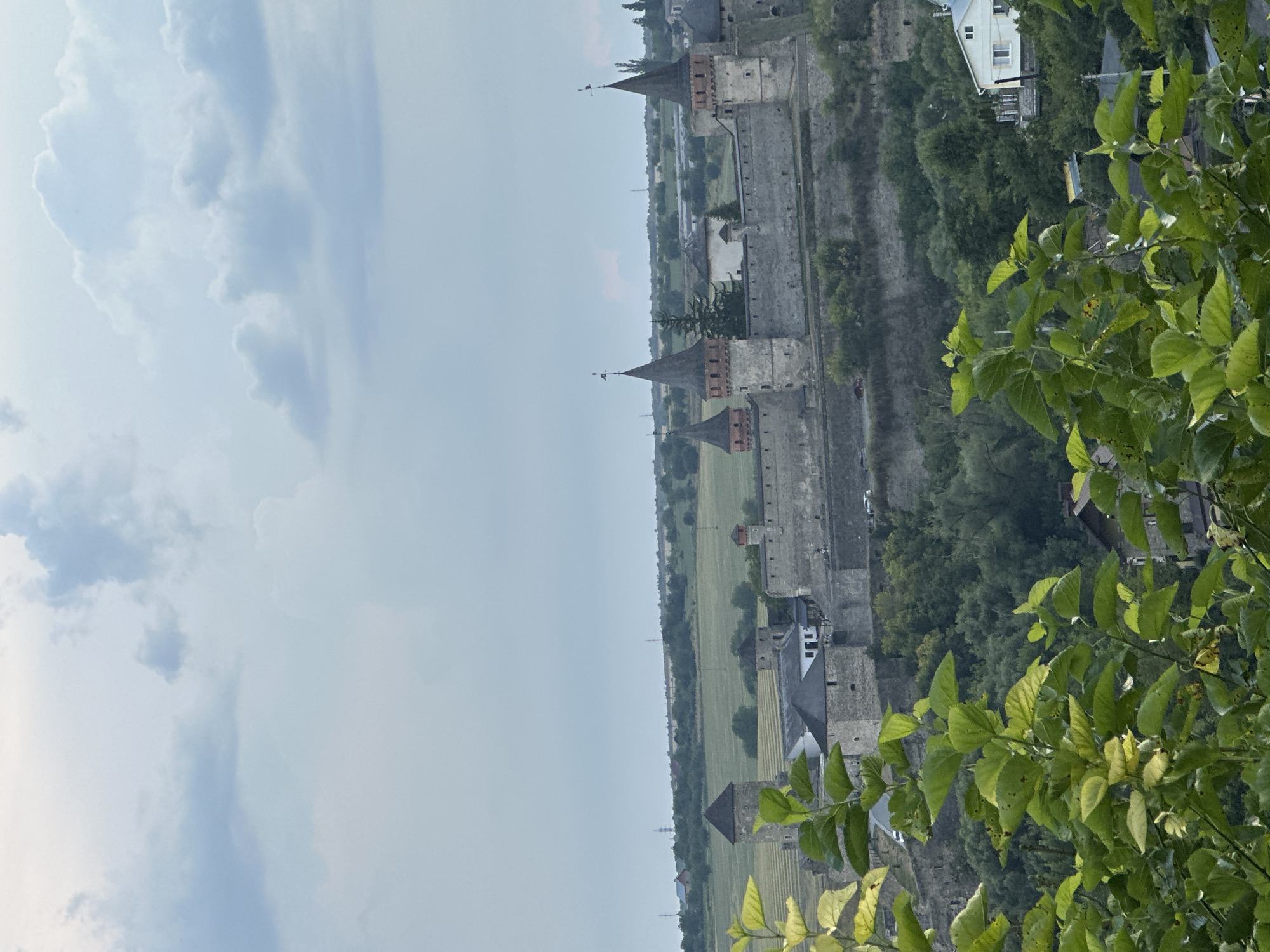 The image depicts a panoramic view of the Kamianets-Podilskyi Castle in Kamianets-Podilskyi, Ukraine. The castle, constructed of stone, features multiple towers with conical roofs and is situated on a hill. The foreground is dominated by lush green foliage, partially obscuring the view of the castle and the surrounding landscape. Beyond the castle, rolling hills covered with vegetation and fields are visible. The sky is filled with a mix of light and dark clouds, suggesting a partly cloudy day. A few buildings, including a white house with a blue roof, are visible in the lower right portion of the image, nestled amongst the greenery. The overall scene conveys a sense of historical grandeur and natural beauty.