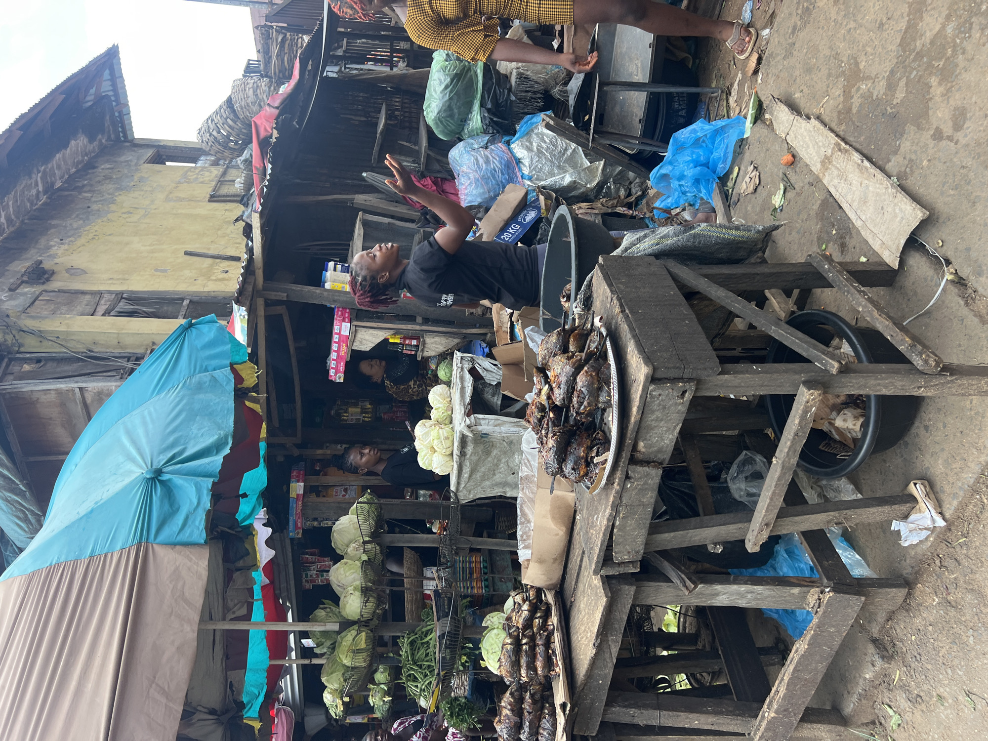 The image depicts an outdoor market scene in Nkpor, Nigeria. The primary subjects are two women, seemingly vendors, engaged in activity at their stalls. One woman, wearing a yellow and black checkered dress, stands with her arms raised, possibly addressing someone or making a gesture. Another woman, in a black t-shirt, is also standing and looking upwards, with her hand raised. They are surrounded by various market goods, including piles of cabbage, green vegetables, and trays of fried fish.
The setting appears to be a bustling, somewhat cluttered open-air market. Stalls are constructed from wood and covered with corrugated metal roofing, with tarps and umbrellas providing additional shade. Bags of produce and other items are stacked around. The ground is a mixture of concrete and dirt, with some debris present, suggesting a busy and well-used commercial area.
Notable details include the variety of fresh produce, the presence of fried fish, and the improvised structures of the market stalls. The overall impression is one of everyday commerce in a vibrant Nigerian market. The lighting suggests it could be daytime, with the overcast sky possibly indicating a cloudy or about-to-rain weather condition. There is no visible text that is clear enough to be read.