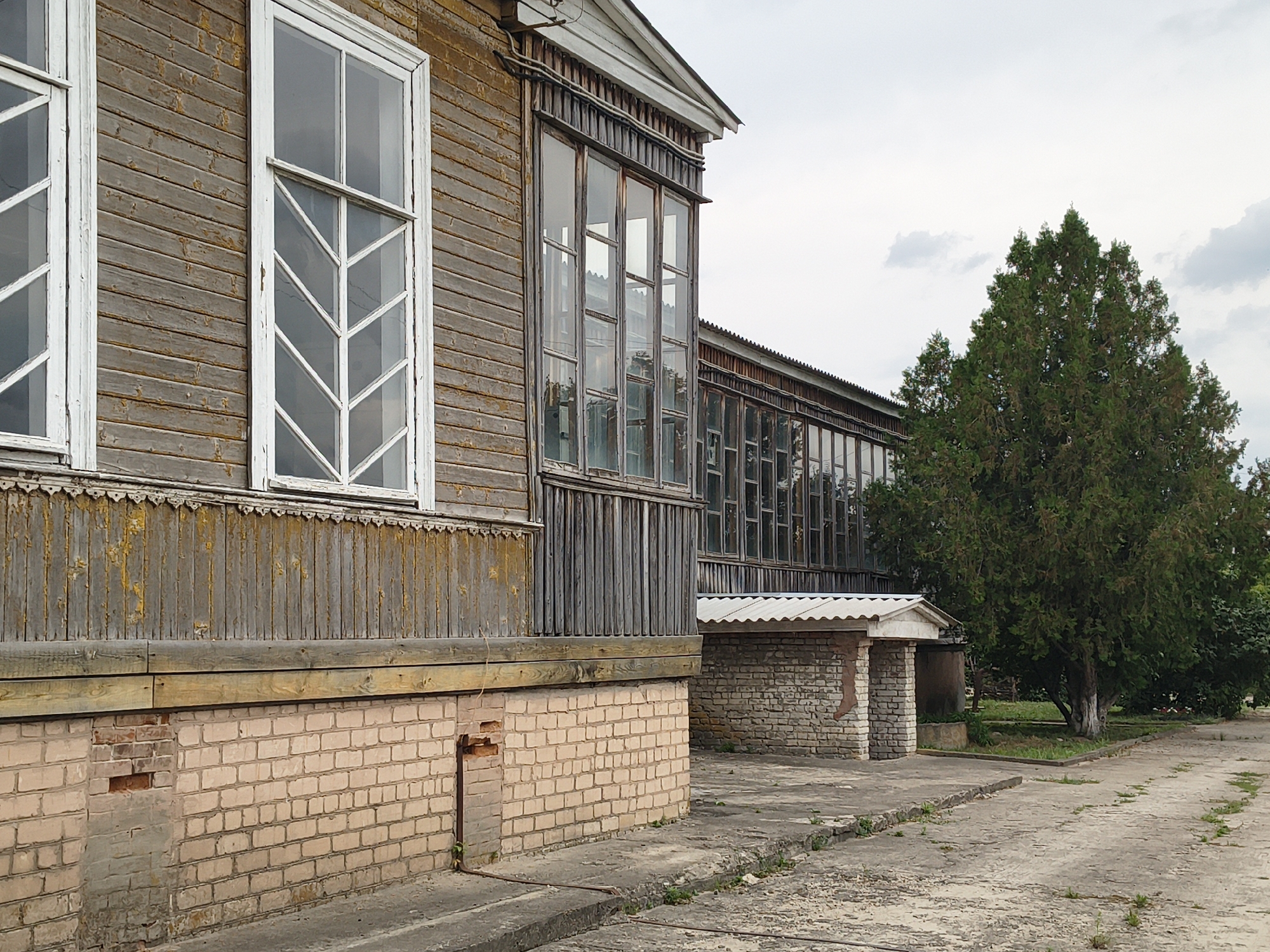 The image depicts an exterior view of an old wooden building with a brick foundation in Mikhaylovka, Russia. The building features large windows, some with decorative white frames. Adjacent to the wooden structure is a sunroom or enclosed porch with numerous glass panes. To the right of the building, a large evergreen tree stands prominently. The ground in front of the building is paved with concrete, showing signs of wear and cracking, with patches of grass growing through. The sky is overcast with scattered clouds. There are no people visible in the image.