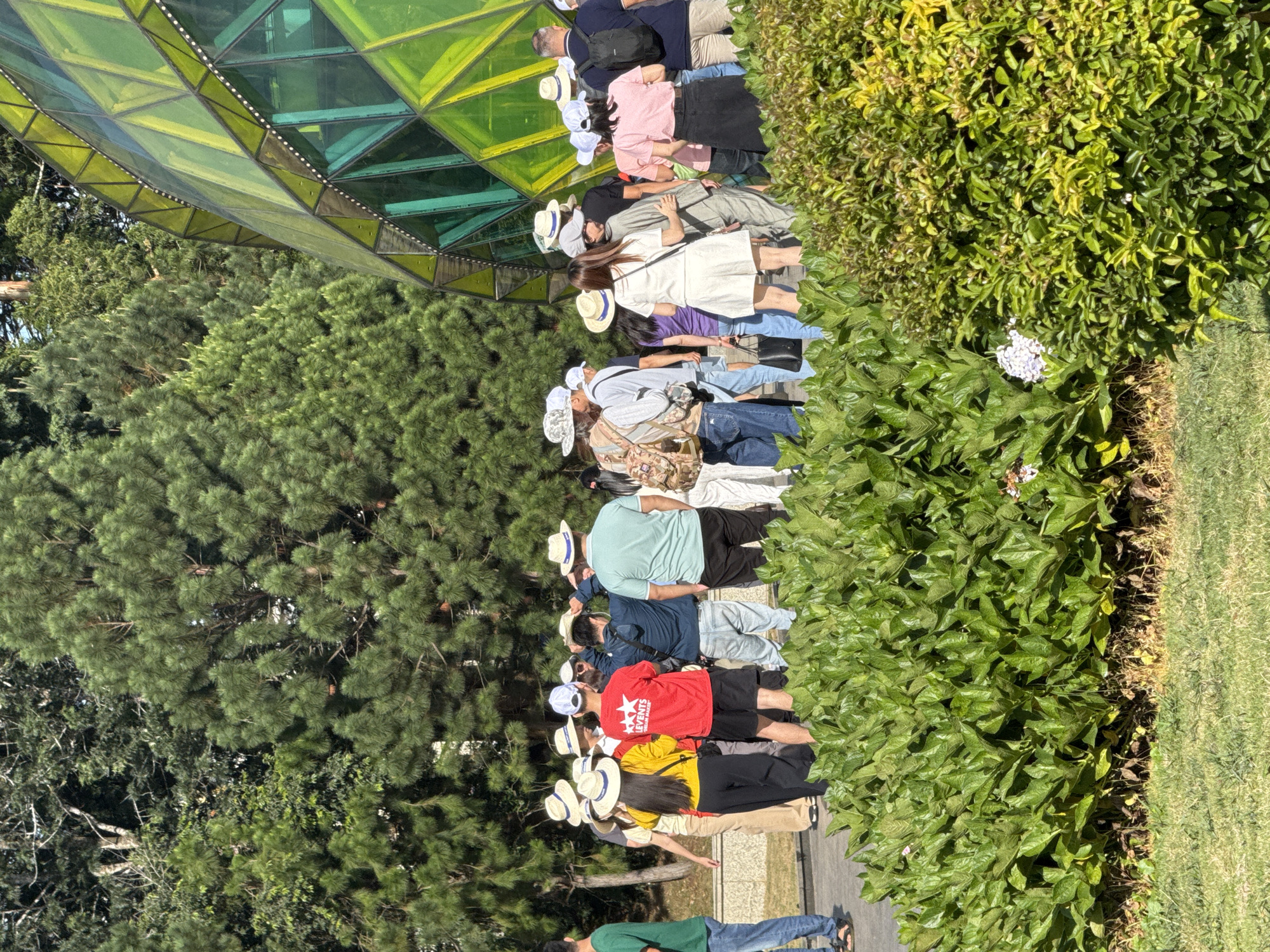The image depicts a group of tourists gathered outdoors in front of a large, geodesic dome-like structure with green and yellow glass panels. The dome appears to be a contemporary architectural feature, possibly part of a tourist attraction or botanical garden. The individuals, many wearing straw hats and casual attire, are facing away from the camera, suggesting they are looking at the dome or participating in a guided tour. The environment is lush with green trees and dense foliage in the foreground, indicative of a park or garden setting. The presence of a crowd and the architectural style of the dome strongly suggest this location is the Da Lat Flower Garden or a similar prominent tourist site within Da Lat, Vietnam, known for its vibrant flora and unique modern structures. The lighting suggests it is daytime, with sunlight casting shadows on the ground.
