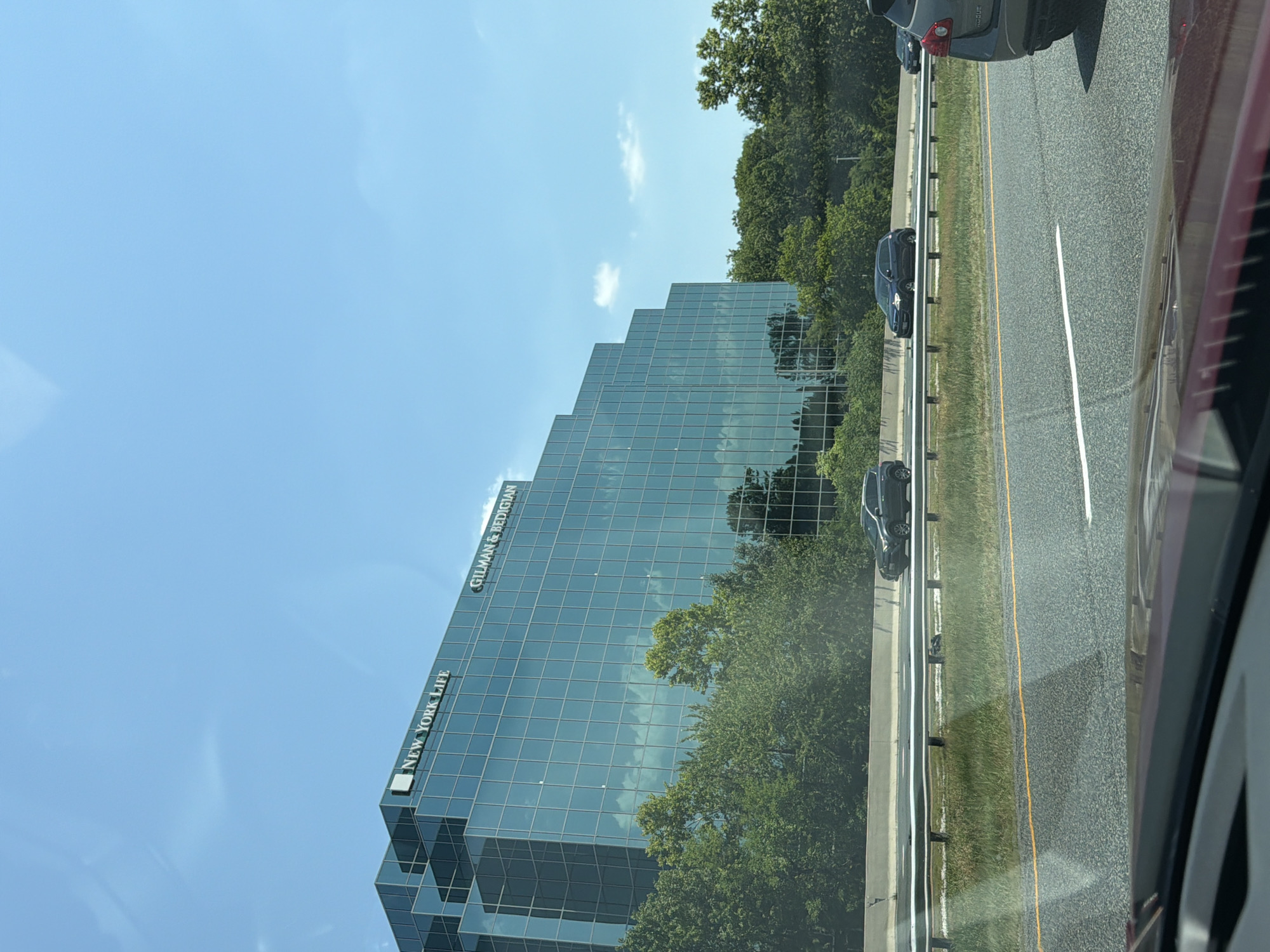 A modern, glass-paneled office building with the logos "NEW YORK LIFE" and "GILMAN & BEDIGIAN" is visible against a clear blue sky with scattered clouds. The building features a stepped architectural design. In front of the building, a line of lush green trees forms a natural barrier. A highway runs in the foreground, with several cars driving on it. The perspective suggests the image was taken from another vehicle on the highway. The location is identified as Timonium, United States of America.