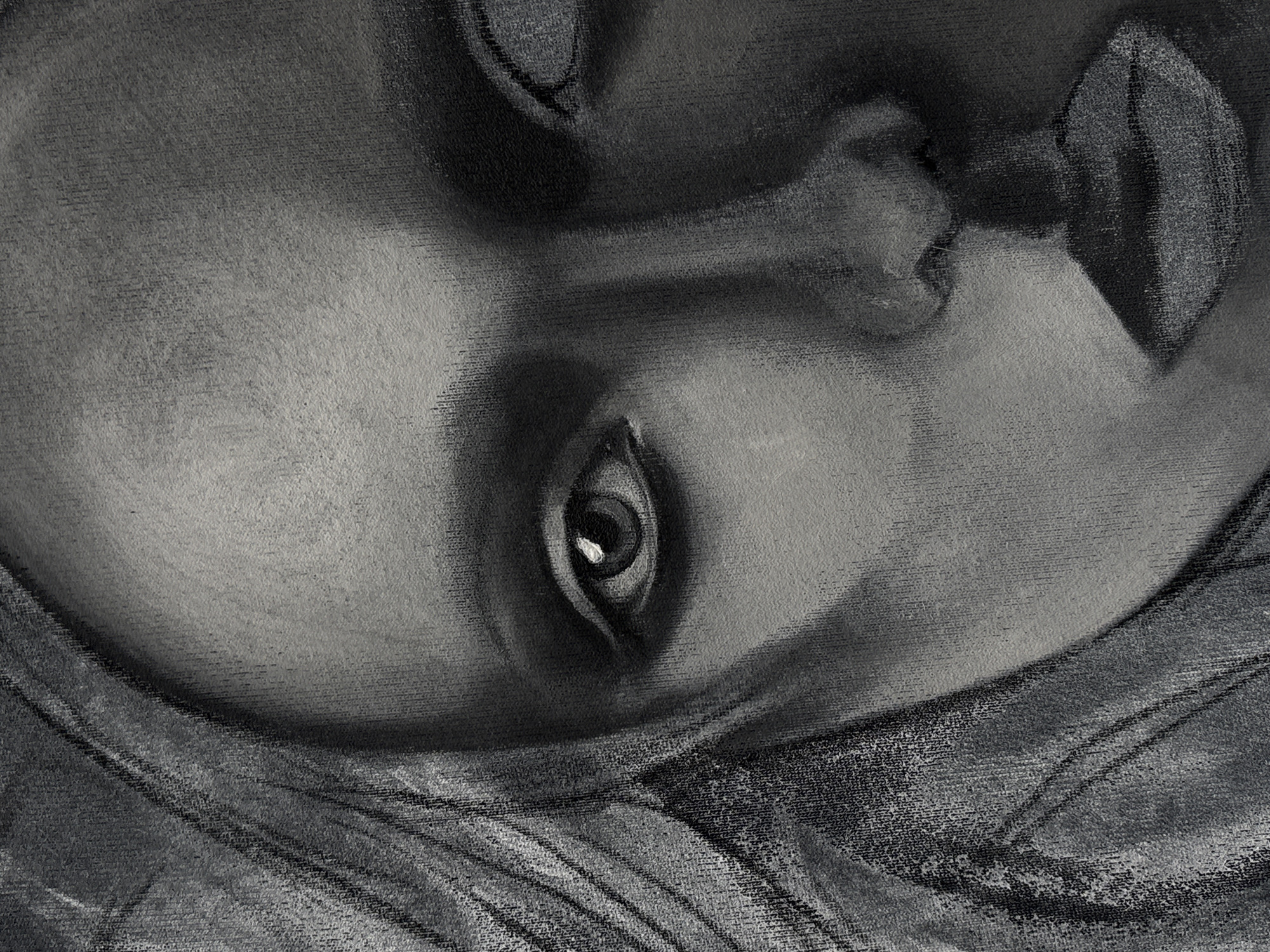 The image is a close-up, grayscale depiction of a portion of a human face. The eye is centrally located in the lower half of the frame, exhibiting a distinct highlight in the pupil. The nose and mouth are visible in the upper right quadrant, showing the bridge of the nose and the corner of the lips. The skin texture is rendered with a fabric like texture suggesting the image could be a reproduction or a particular artistic style. The lower portion of the image reveals fabric-like draping, possibly clothing or a head covering. The image provides no indication of being in the city of Krasnoyarsk, Russia. There is nothing identifiable about the depicted scene.