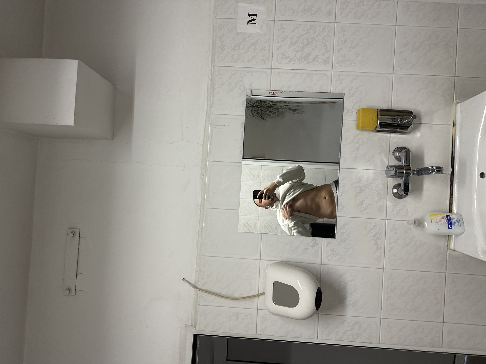 The image shows a male individual taking a shirtless selfie in a bathroom mirror in Plovdiv, Bulgaria. The person, with a shaved head, is reflected from the waist up, holding a white hooded sweatshirt to expose his bare torso. He holds a black smartphone to capture the image.
The bathroom features white square tiles with a light grey pattern covering the wall where the mirror is located. Above the mirror, a paper square with a black letter "M" is taped to the tiles, possibly indicating "Men's." To the right of the mirror, a chrome faucet is installed above a white sink, which is partially visible. A white bottle of "Живасaн" (Zhivasan) liquid soap, marked "500ml e," rests on the sink's edge. Above the faucet, a chrome holder contains a yellow sponge. Below the mirror, a white, rounded hand dryer with a black nozzle is mounted on the tiled wall, connected by a beige cord. A reflection in the upper part of the mirror shows what appears to be a plant or palm frond.
The wall to the left of the tiled section is plain white and shows several cracks. A white, rectangular box-like structure protrudes from the upper left corner of this wall. Further down, a grey metal plate secured by two bolts is attached to the plain wall. The lighting in the bathroom is artificial, casting some shadows. The overall setting suggests a functional, possibly public or older, restroom.